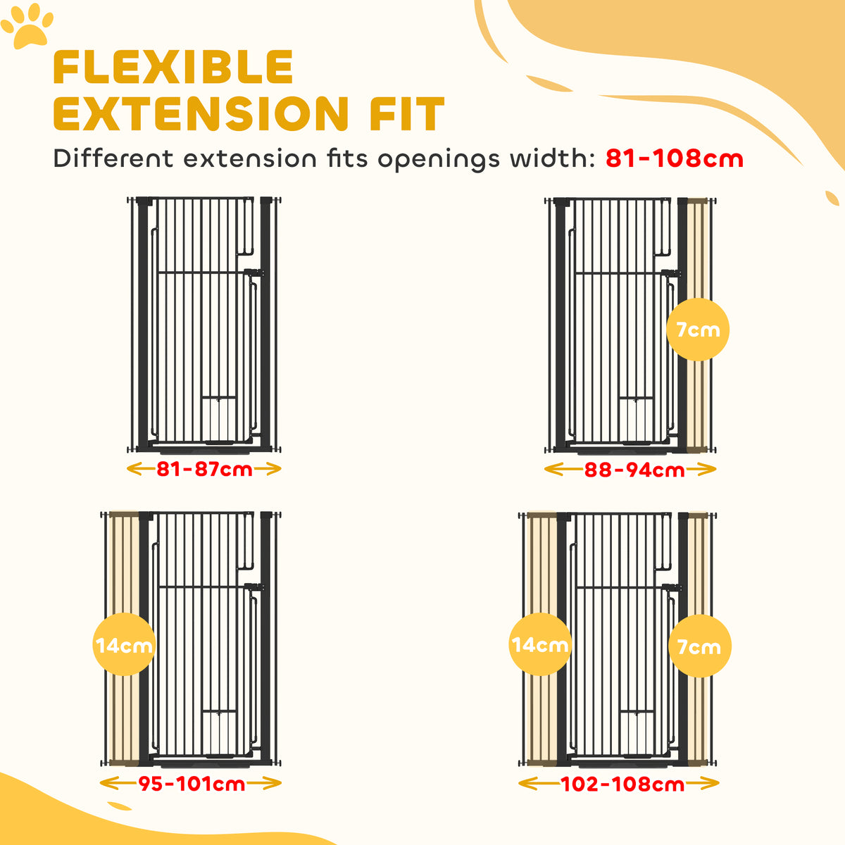 PawHut 135cm Extra Tall Dog Gate with Cat Door, Fits Openings 81-108 cm Pressure Mounted for Doorways, Hallways, No Drilling