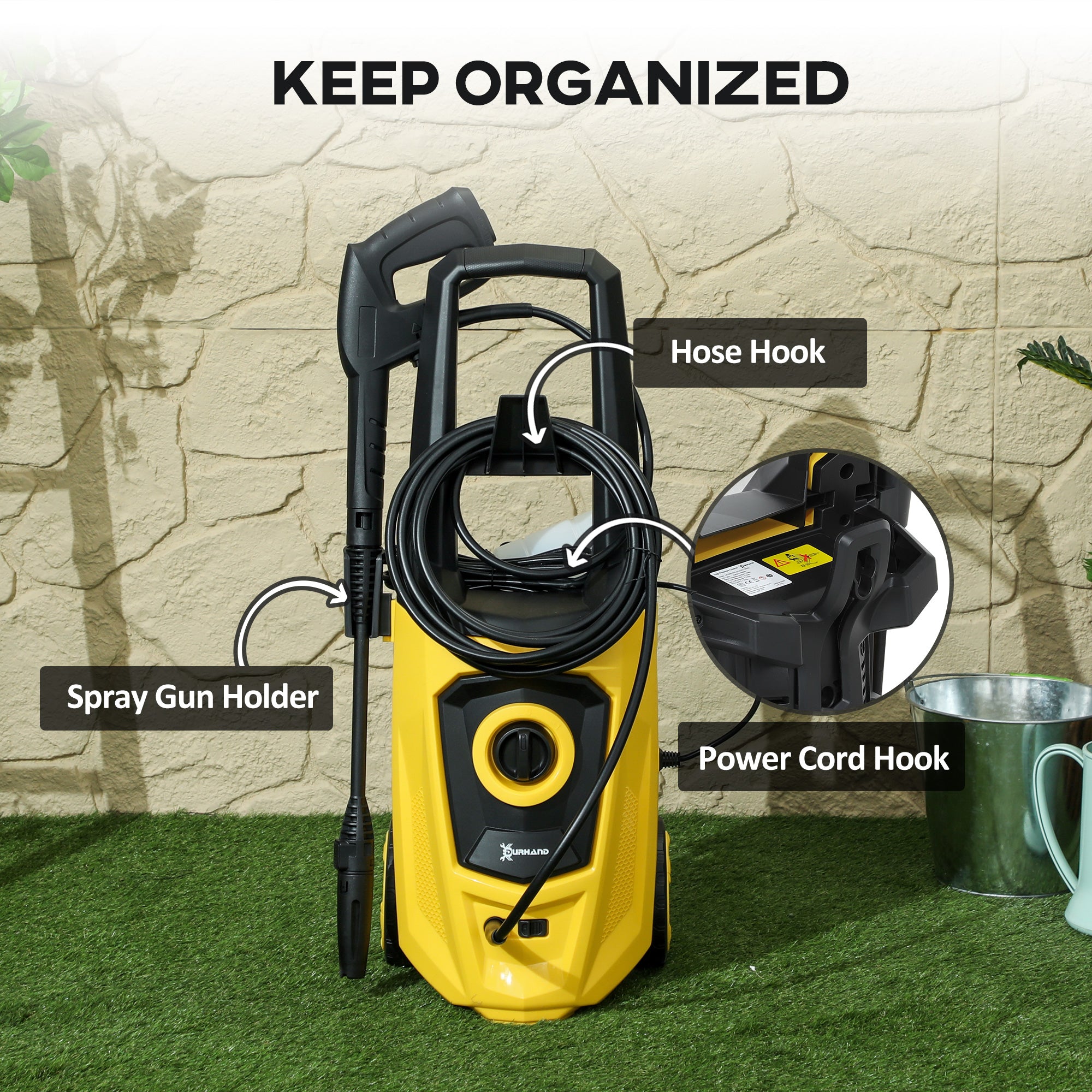 DURHAND 1800W High Pressure Washer, 150 Bar Pressure, 510 L/h Flow, High-Performance Portable Power Washer Jet Wash Cleaner with 6M Hose, Snow Foam Bottle for Garden, Car, Furniture, Yellow - North Peak Garden Furniture