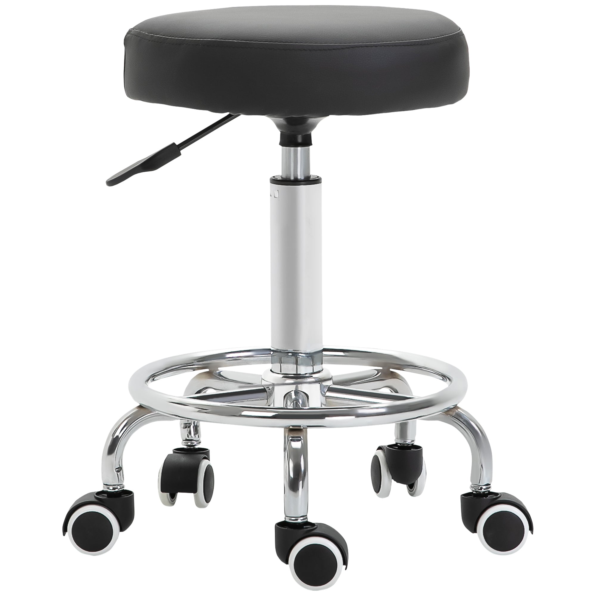 Vinsetto Round Rolling Stool, PU Leather Height Adjustable Stool Chair with Wheels and Swivel Seat for Salon, Massage, Spa, Home Kitchen, Black - North Peak Garden Furniture