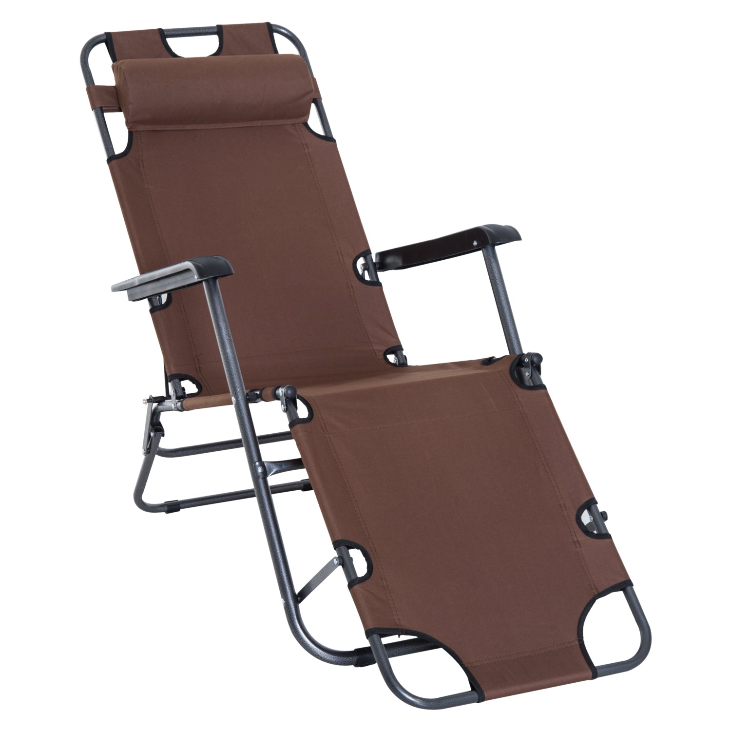 Outsunny 2 in 1 Sun Lounger Folding Reclining Chair Garden Outdoor Camping Adjustable Back with Pillow, Brown - North Peak Garden Furniture