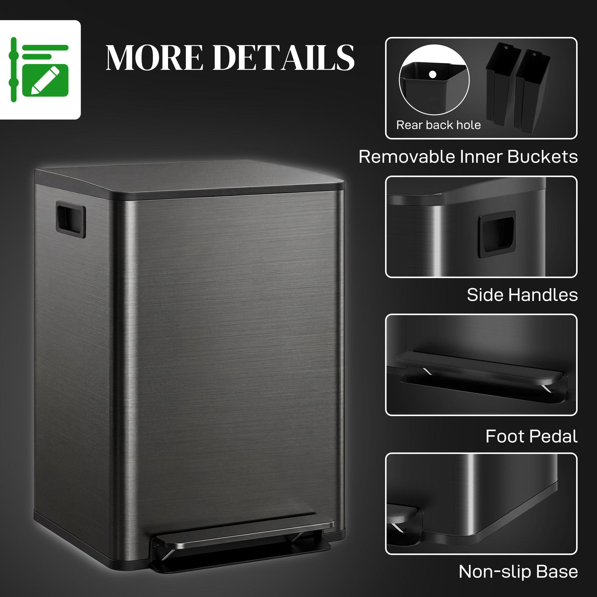 HOMCOM 60L Dual Compartment Stainless Steel Bin, with Deodoriser Holders - Black