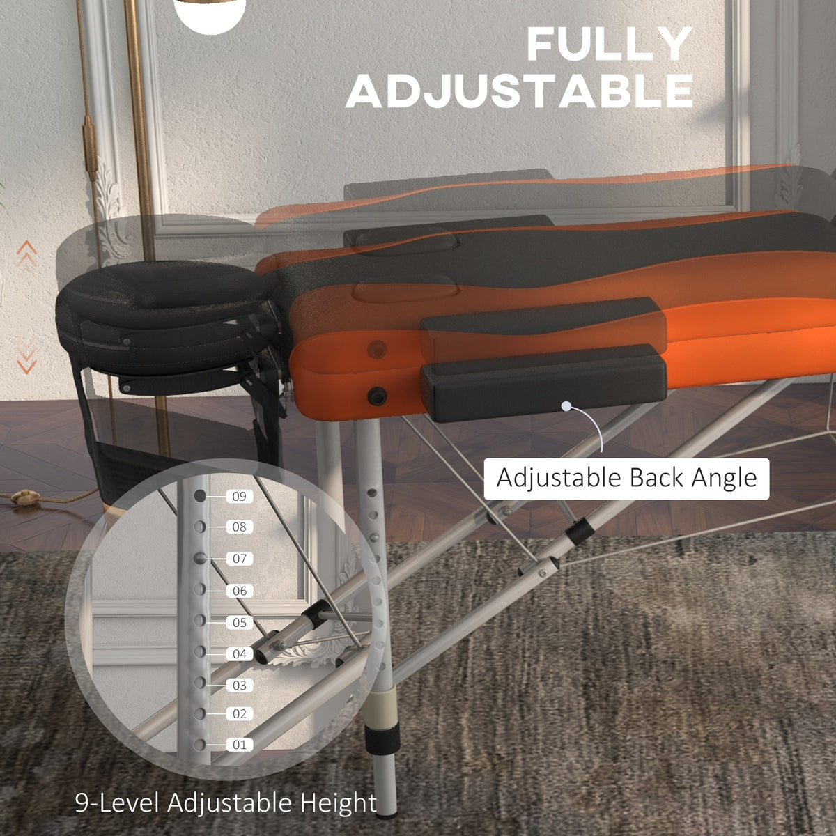 HOMCOM Foldable Massage Bed Portable Table, 3-Section Aluminium Foldable Beauty Couch, Professional Salon Spa Table with Headrest Support, 60 cm Width, Black and Orange