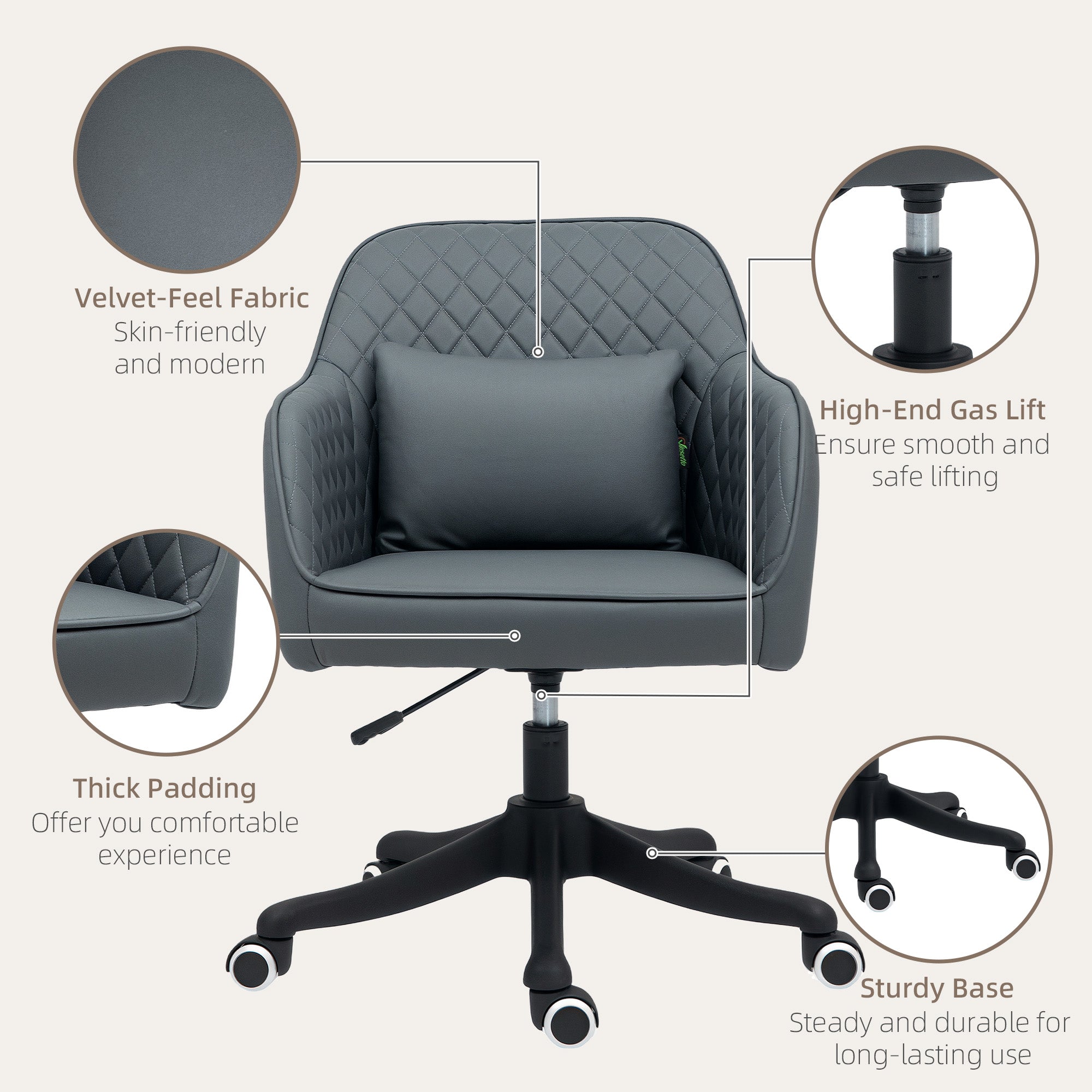 Vinsetto Microfiber Office Chair, Desk Chair, Makeup Vanity Chair with Massage Lumbar Pillow and Rolling Wheels for Bedroom and Home, Grey - North Peak Garden Furniture
