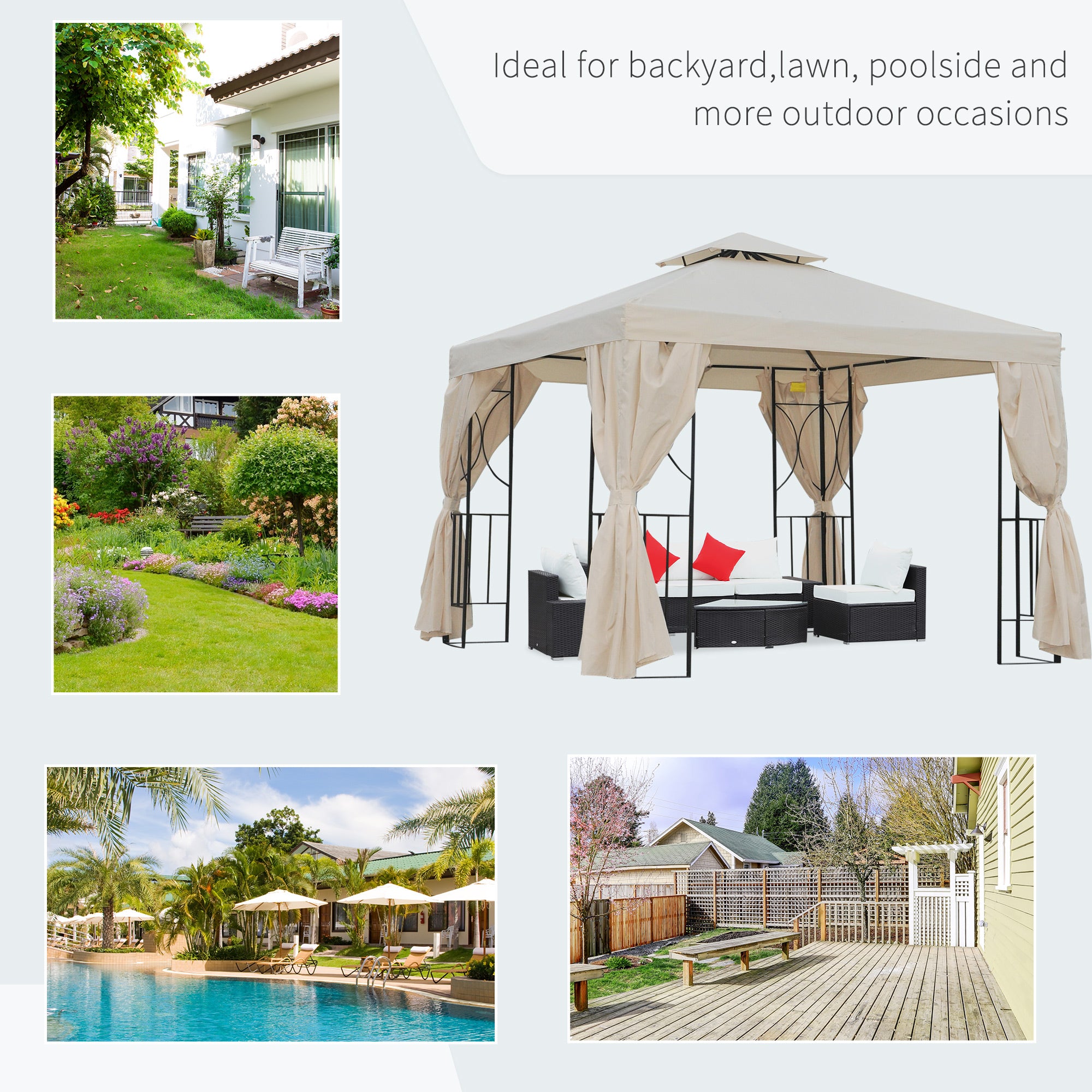Outsunny 3 x 3 m Garden Gazebo Double Roof Marquee Patio Wedding Party Tent Canopy Shelter with Sidewalls, (Beige) - North Peak Garden Furniture