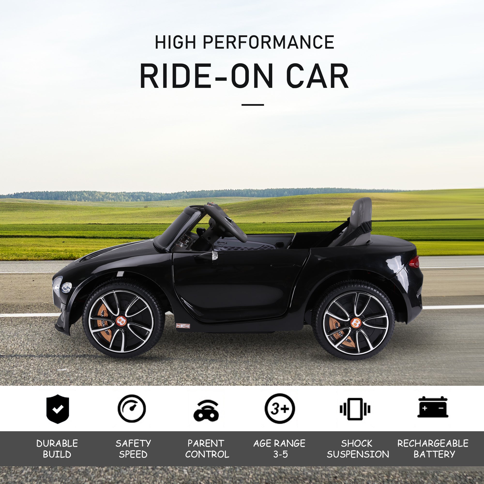 HOMCOM Bentley GT Licensed 12V Kids Electric Ride On Car with Remote Control Two Motors LED Light Music for 3-5 Years Black - North Peak Garden Furniture