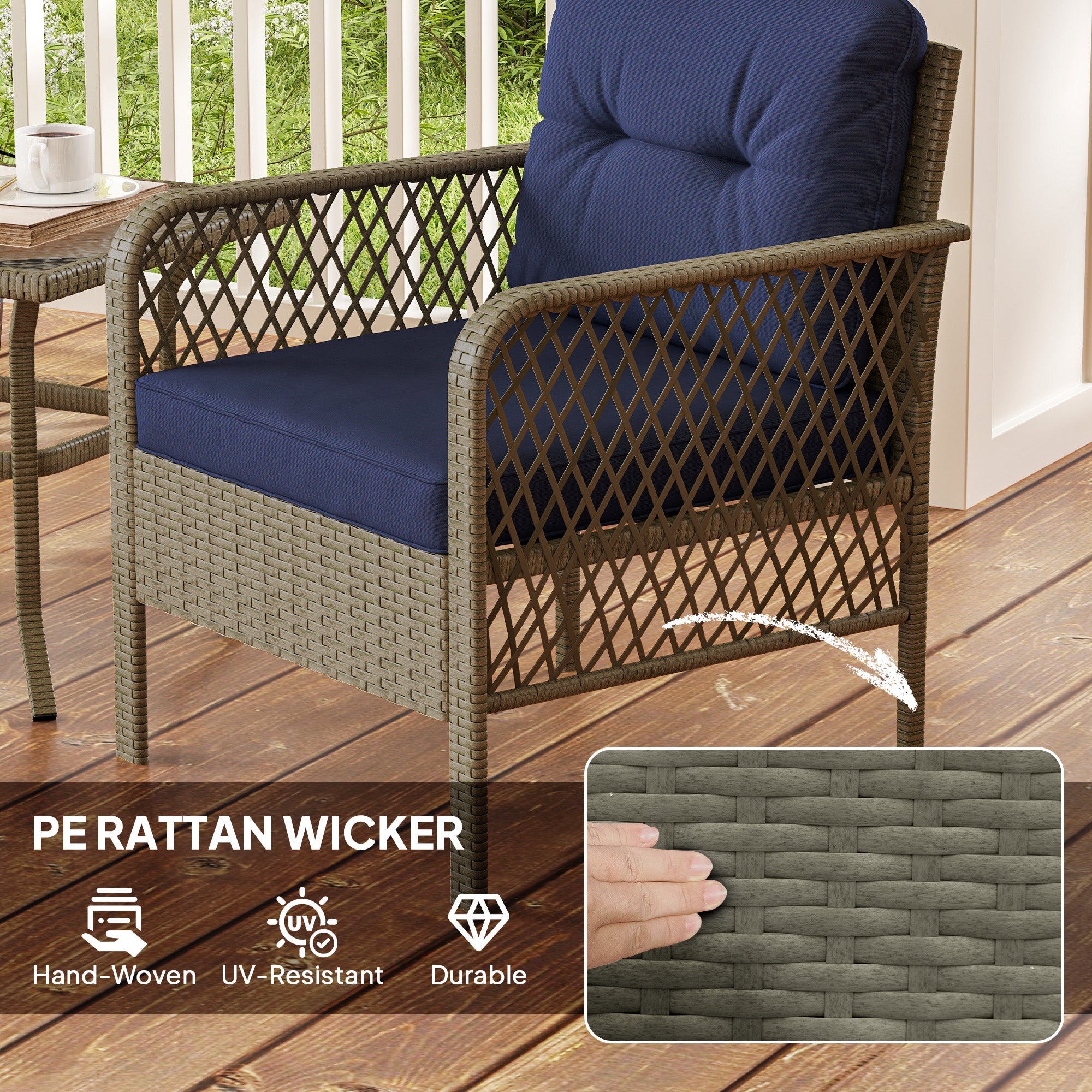 Outsunny 3 Pieces Rattan Bistro Set with Glass Top Coffee Table, Chairs and Cushions for Outdoor, Patio, Balcony, Charcoal Grey - North Peak Garden Furniture