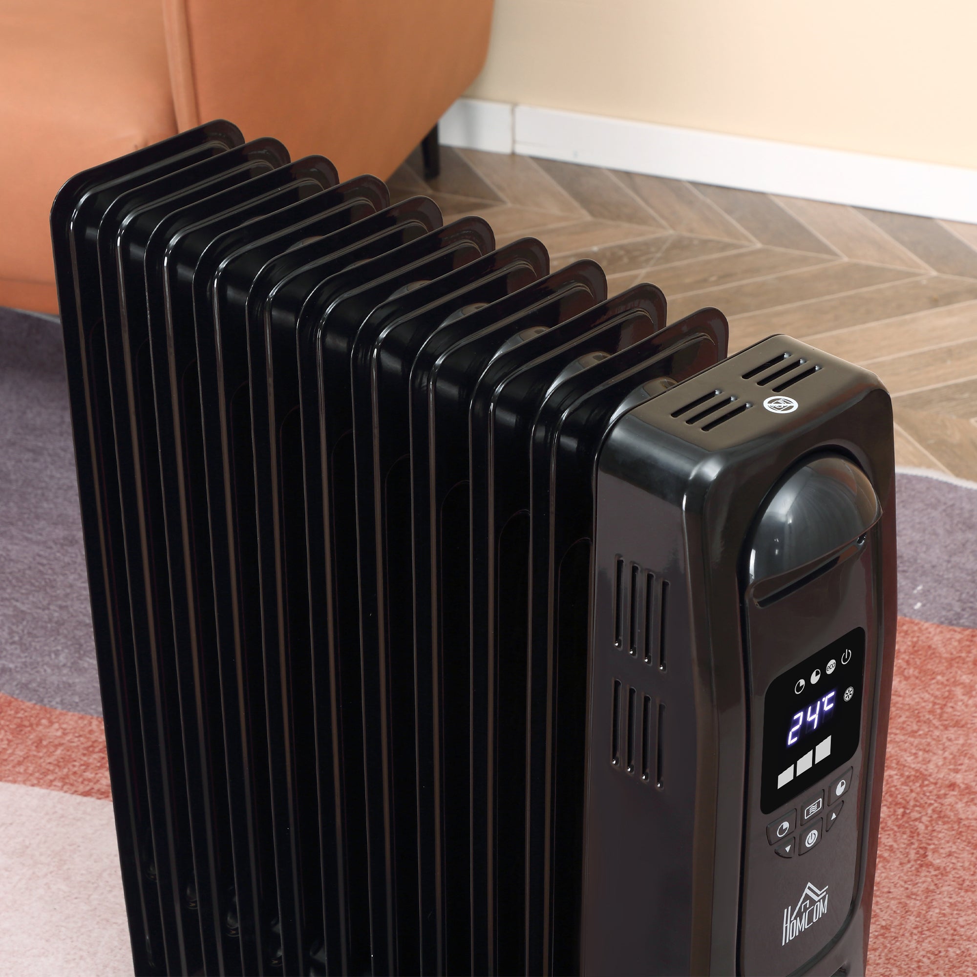 HOMCOM 2000W Digital Oil Filled Radiator, 9 Fin, Portable Electric Heater with LED Display, Timer, 3 Heat Settings, Safety Cut-Off and Remote Control, Black - North Peak Garden Furniture