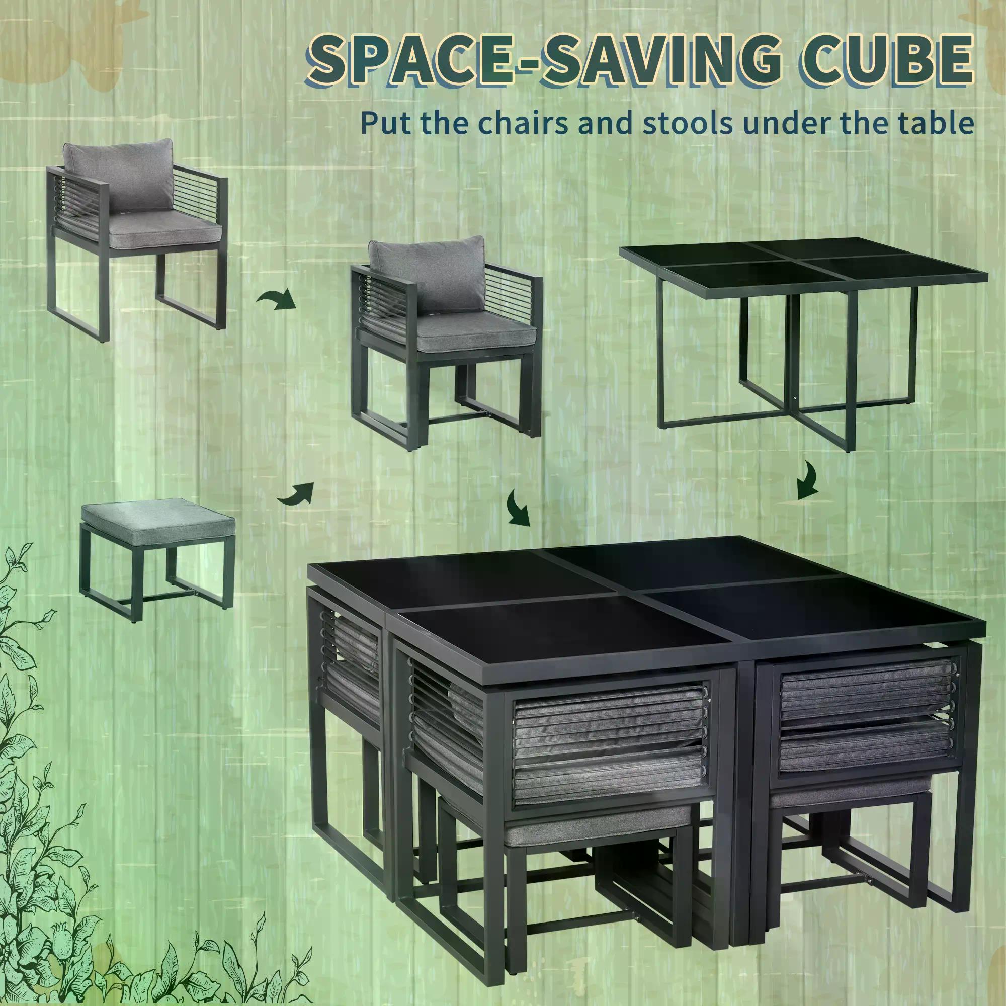Outsunny Nine-Piece Aluminium Garden Set, with Glass-Top Table - Grey - North Peak Garden Furniture