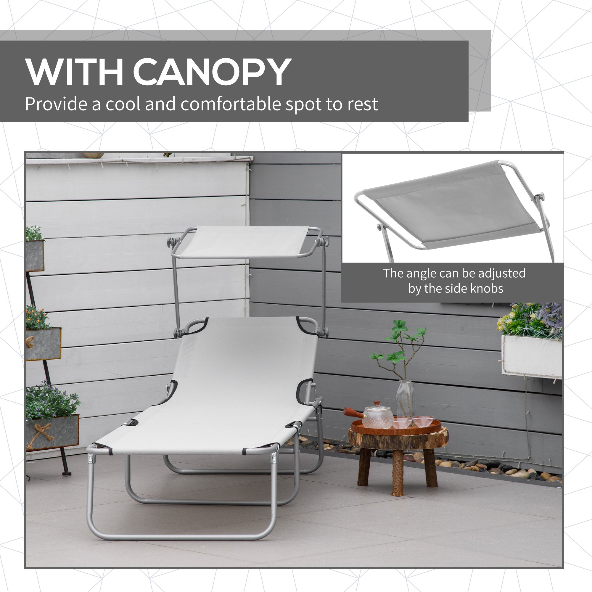 Outsunny 2 Pieces Outdoor Foldable Sun Lounger, 4 Level Adjustable Backrest Reclining Sun Lounger Chair with Angle Adjust Sun Shade Awning for Beach, Garden, Patio, Light Grey - North Peak Garden Furniture