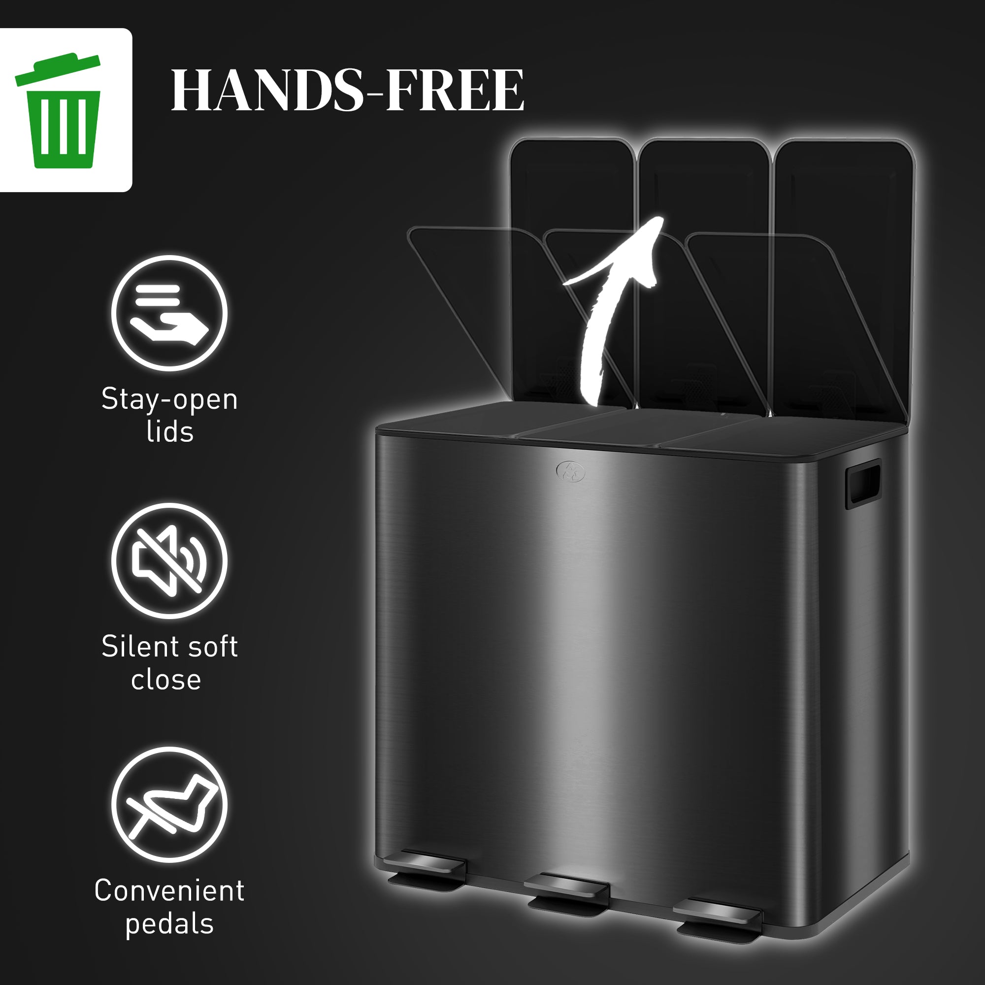 HOMCOM 3 x 15L Pedal Bin, Steel Triple Kitchen Bin with Soft Close Lid, Removable Inner Buckets, Fingerprint-Proof, Black - North Peak Garden Furniture