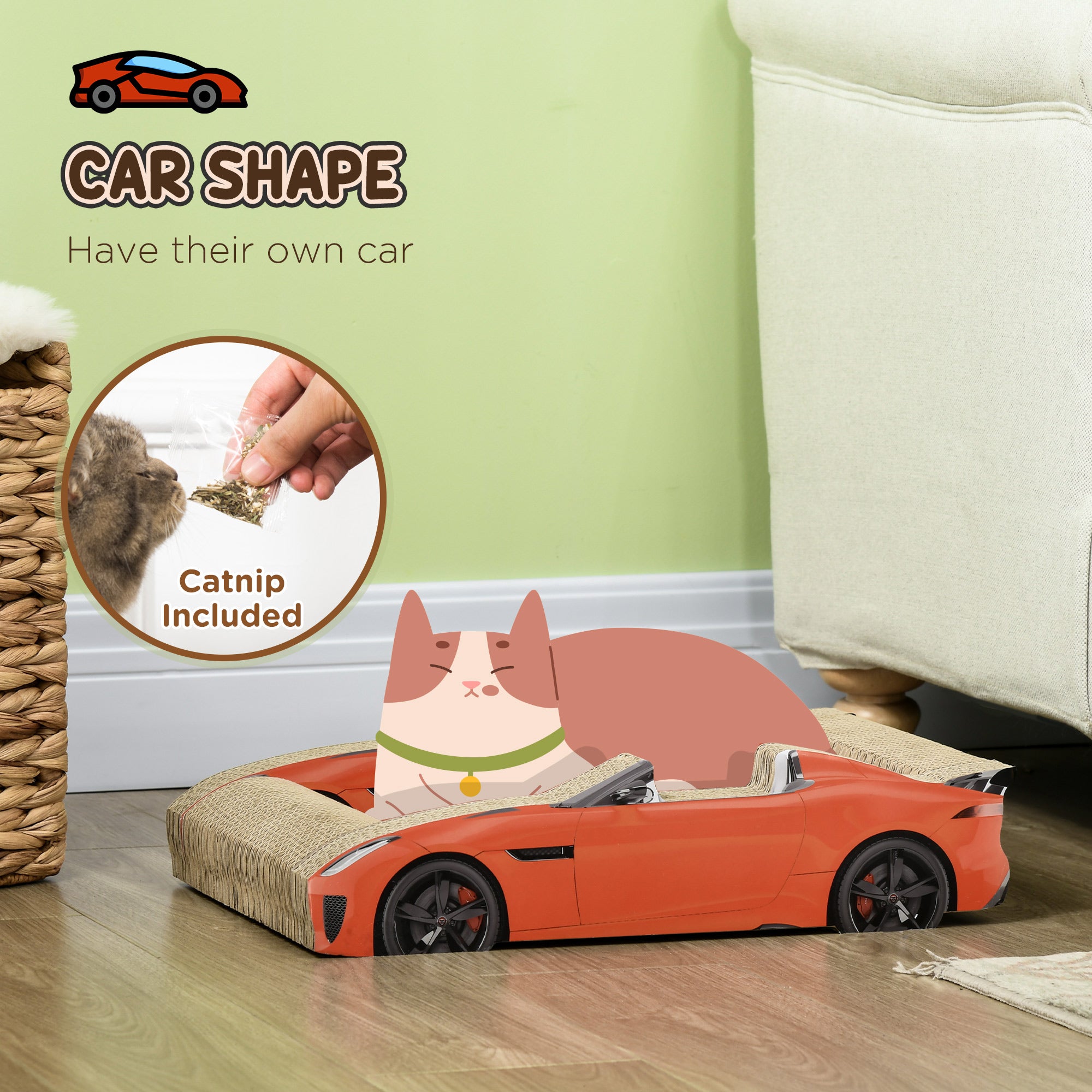 PawHut 2 in 1 Cat Scratching Board with Catnip, Car-shaped - North Peak Garden Furniture