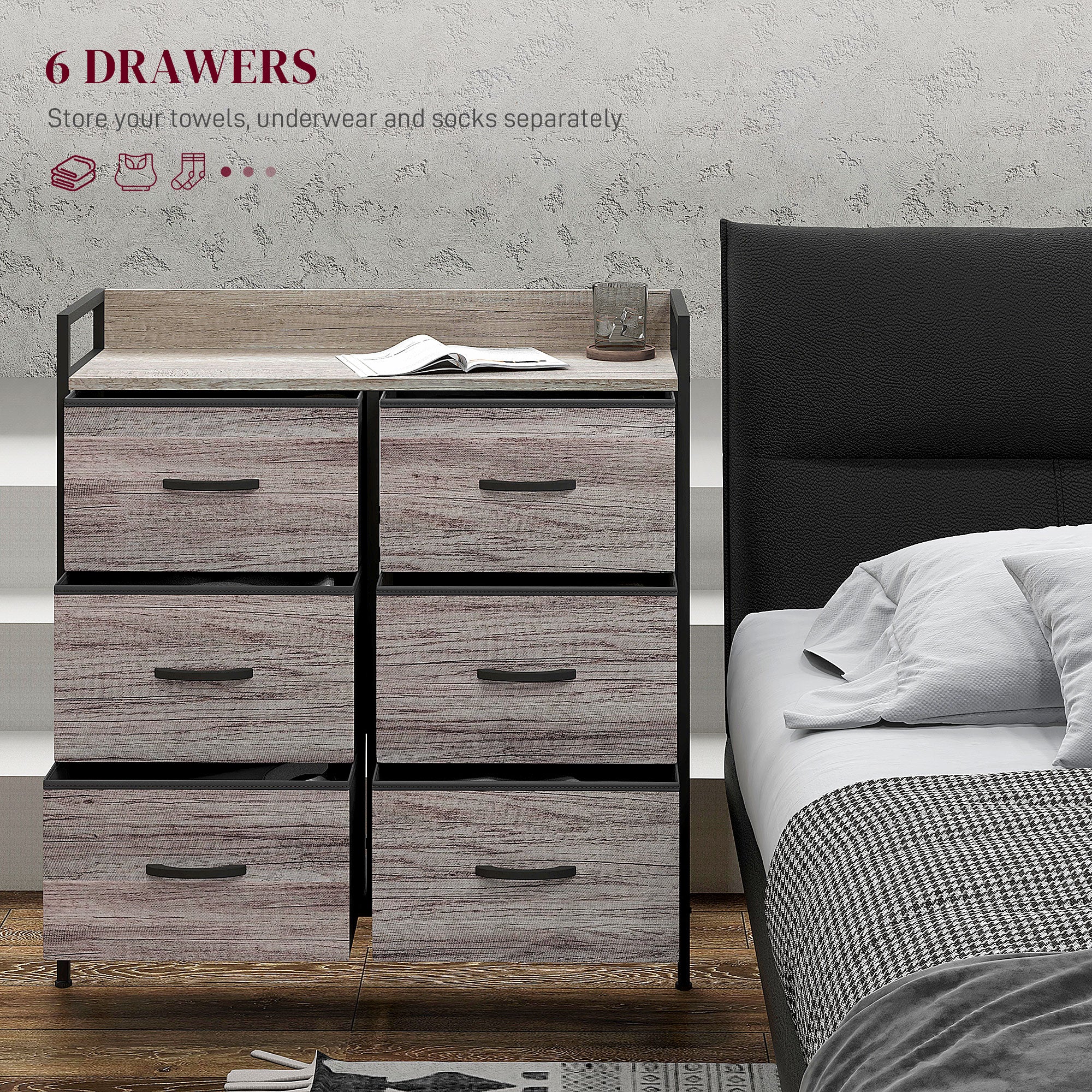HOMCOM Rustic Chest of Six Fabric Drawers - Grey Wood Effect - North Peak Garden Furniture
