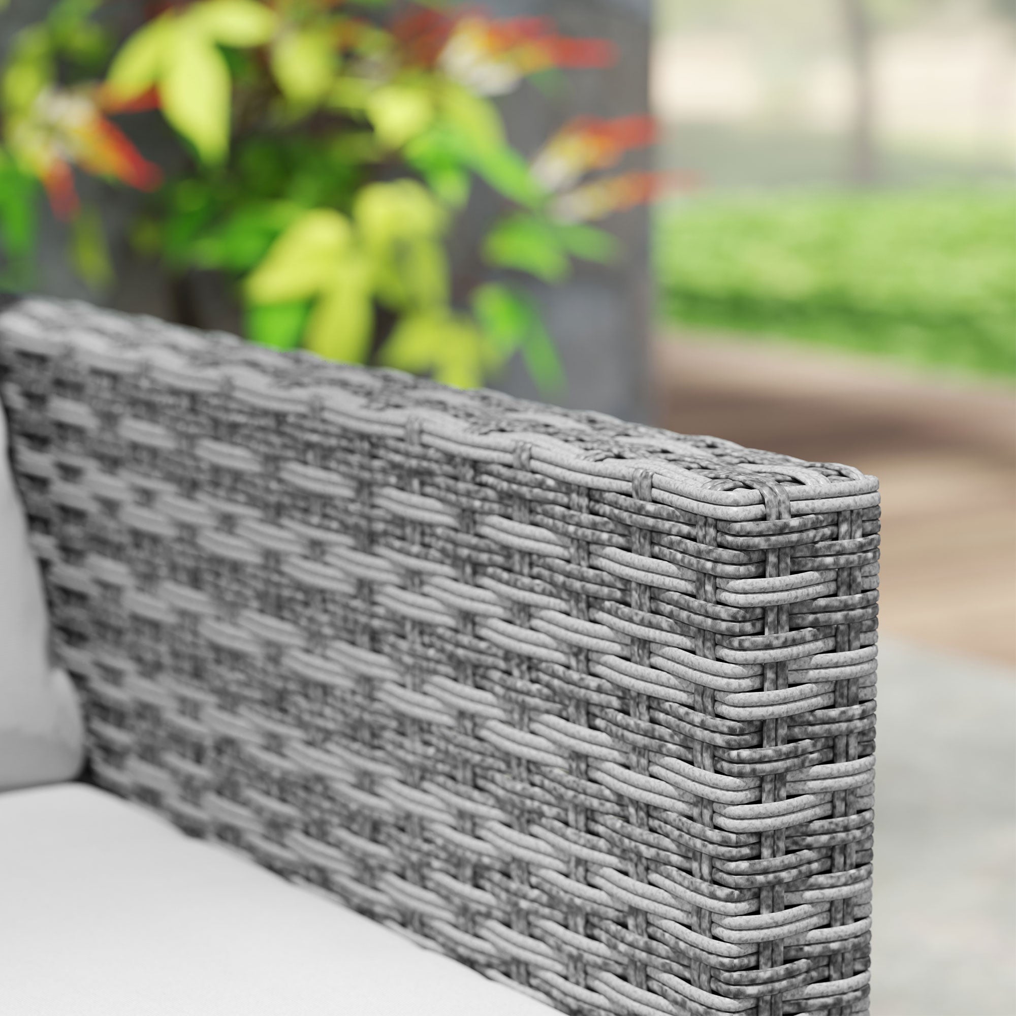Outsunny 3 Pieces Rattan Bistro Set with 4 Cushions, Wicker Garden Furniture Set, Glass Top Coffee Table and Chairs for Outdoor Patio, Balcony, Terrace and Conservatory, Grey - North Peak Garden Furniture