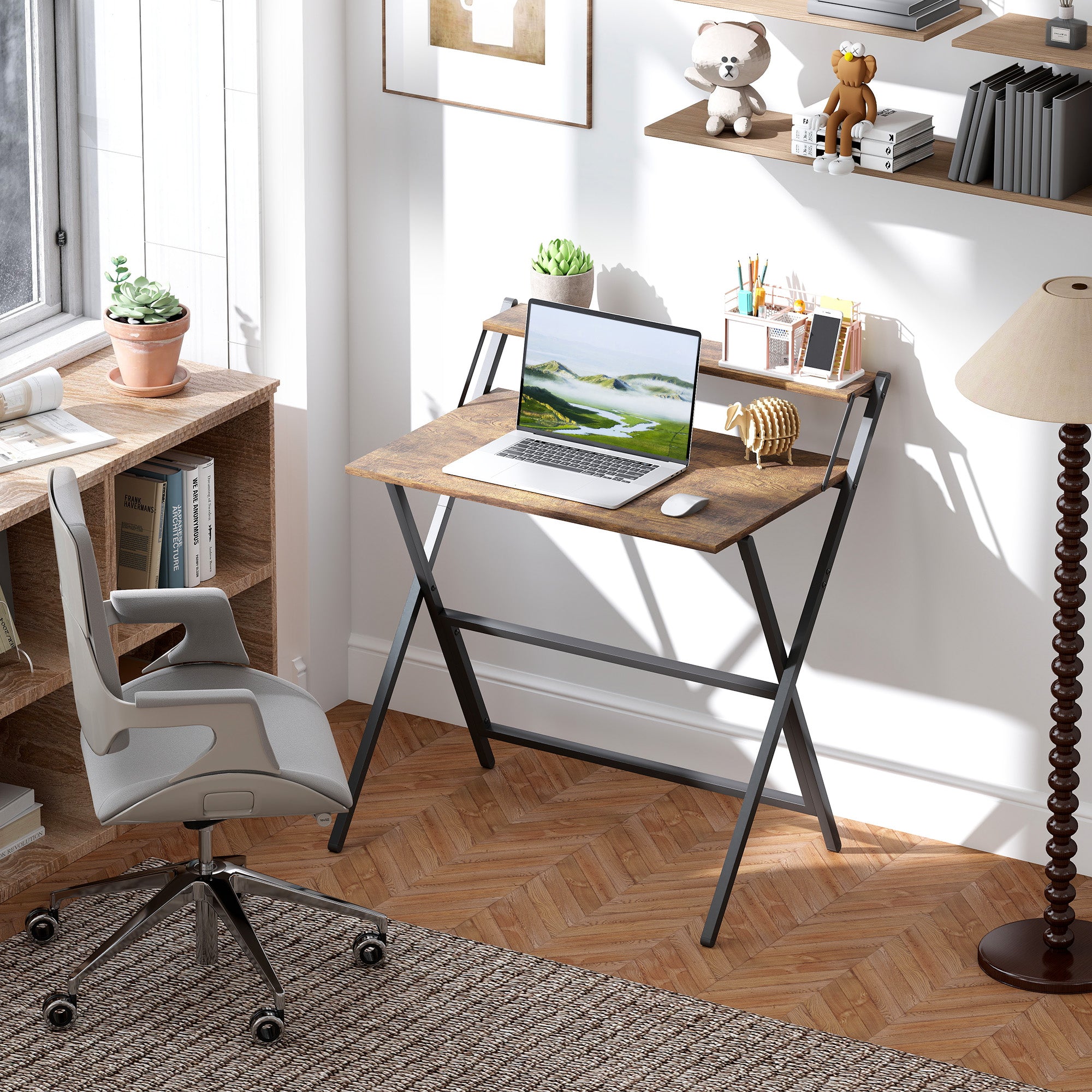 HOMCOM 81.5 cm Folding Computer Desk with Monitor Shelf - Rustic Brown - North Peak Garden Furniture