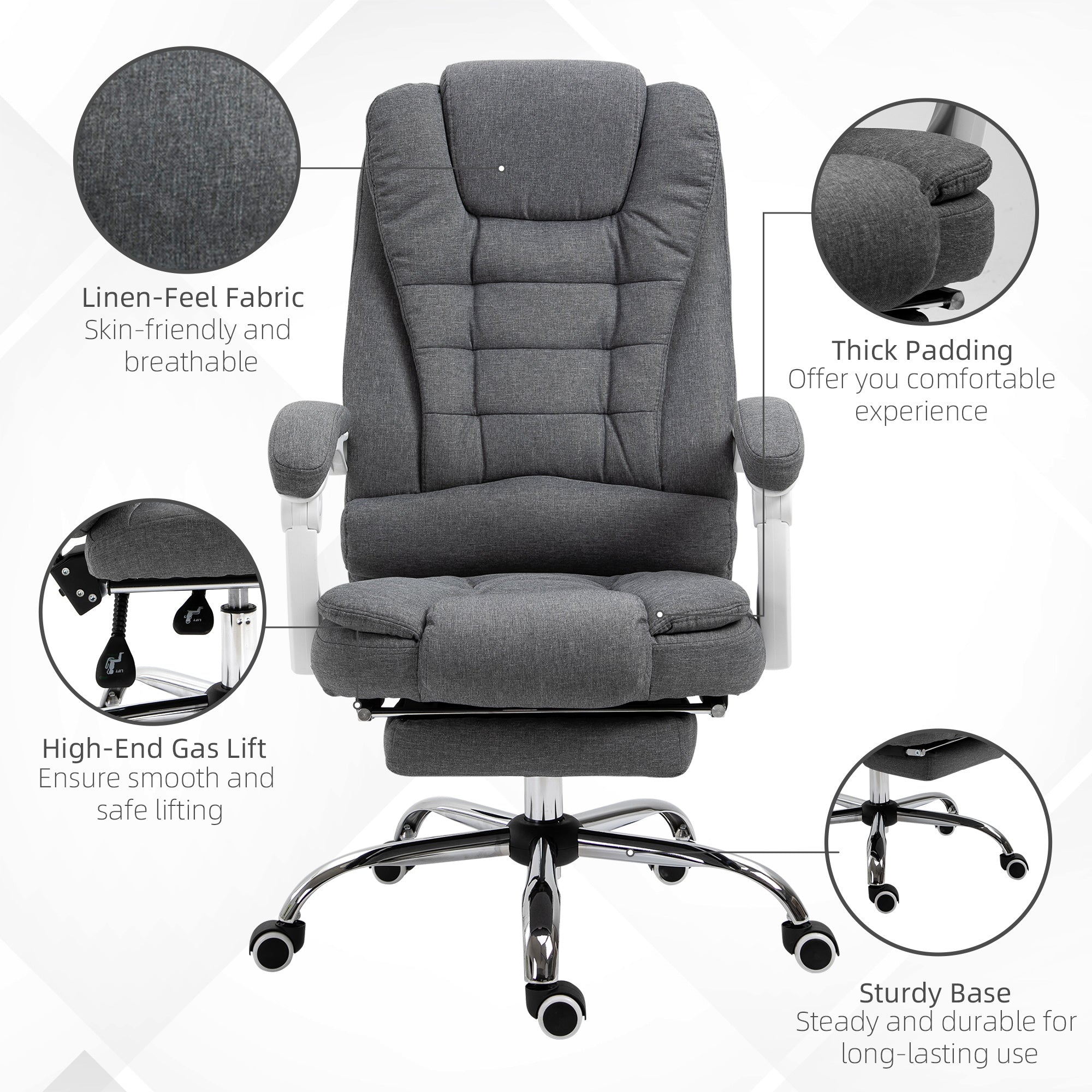 Vinsetto Office Chair, Computer Desk Chair, Linen Fabric Swivel Rolling Task Chair with Large Soft Padded Cushion, 135° Reclining Backrest and Retractable Footrest, Grey - North Peak Garden Furniture