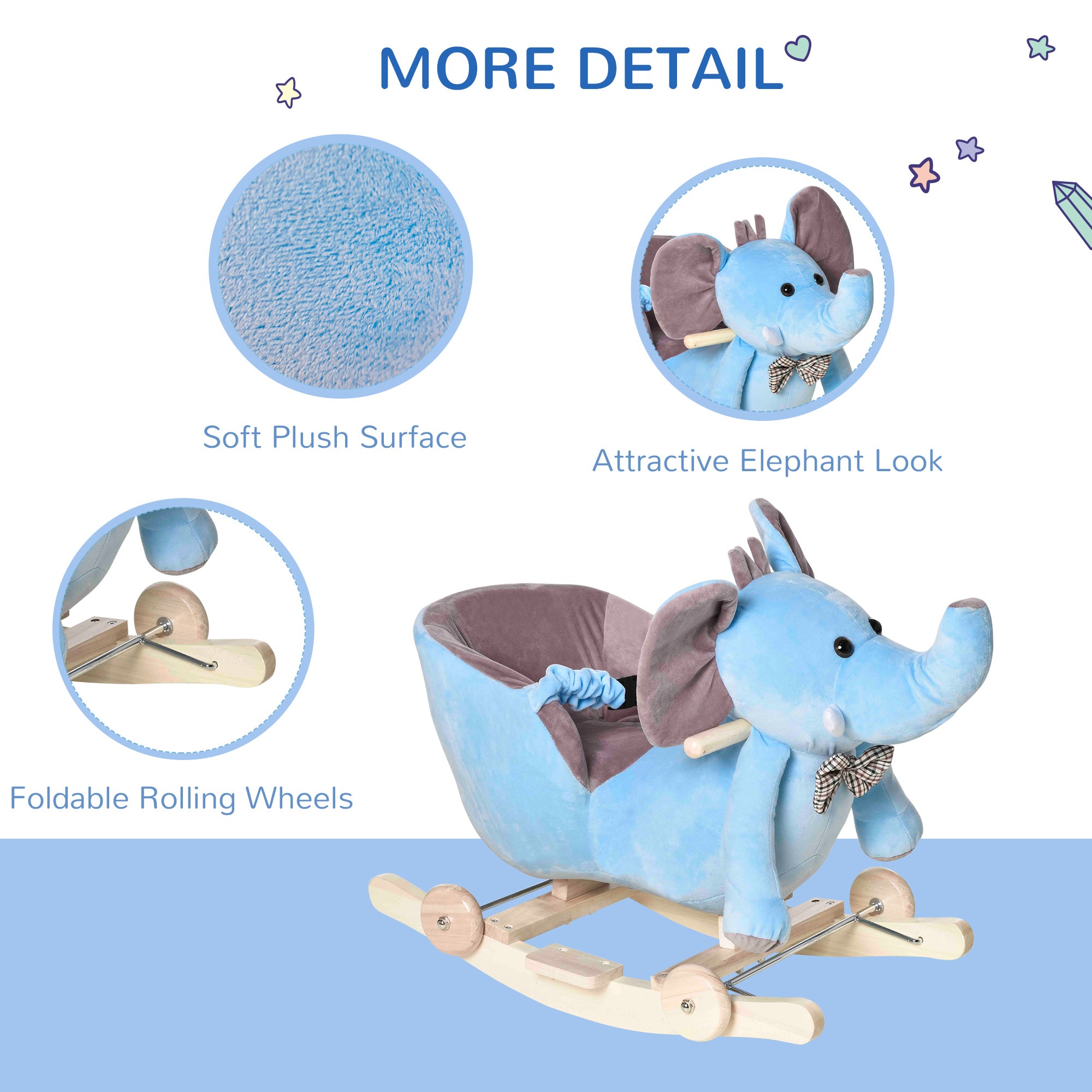 HOMCOM 2 In 1 Plush Baby Ride on Rocking Horse Elephant Rocker with Wheels Wooden Toy for Kids 32 Songs for 18+ Months (Blue) - North Peak Garden Furniture
