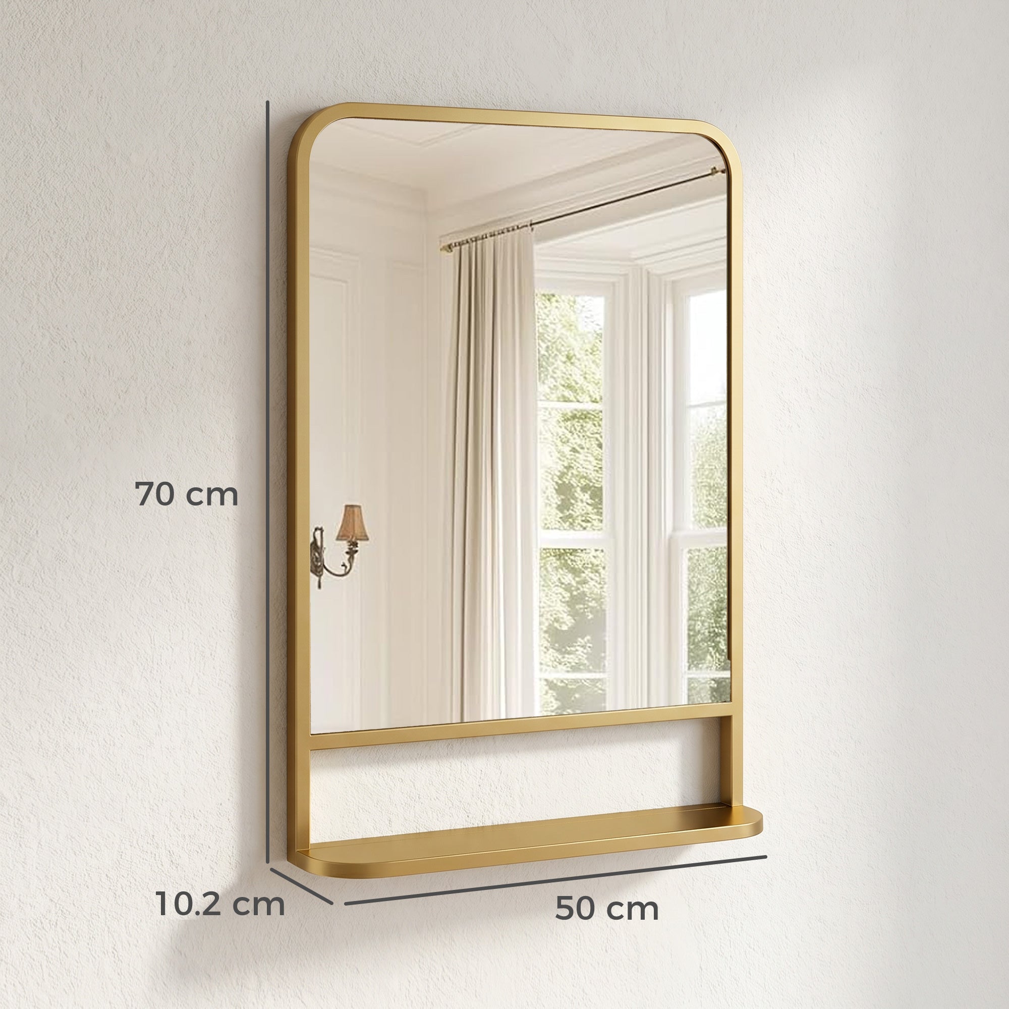 HOMCOM Modern Rectangular Wall Mirror with Storage Shelf, 70 x 50 cm, Gold Tone
