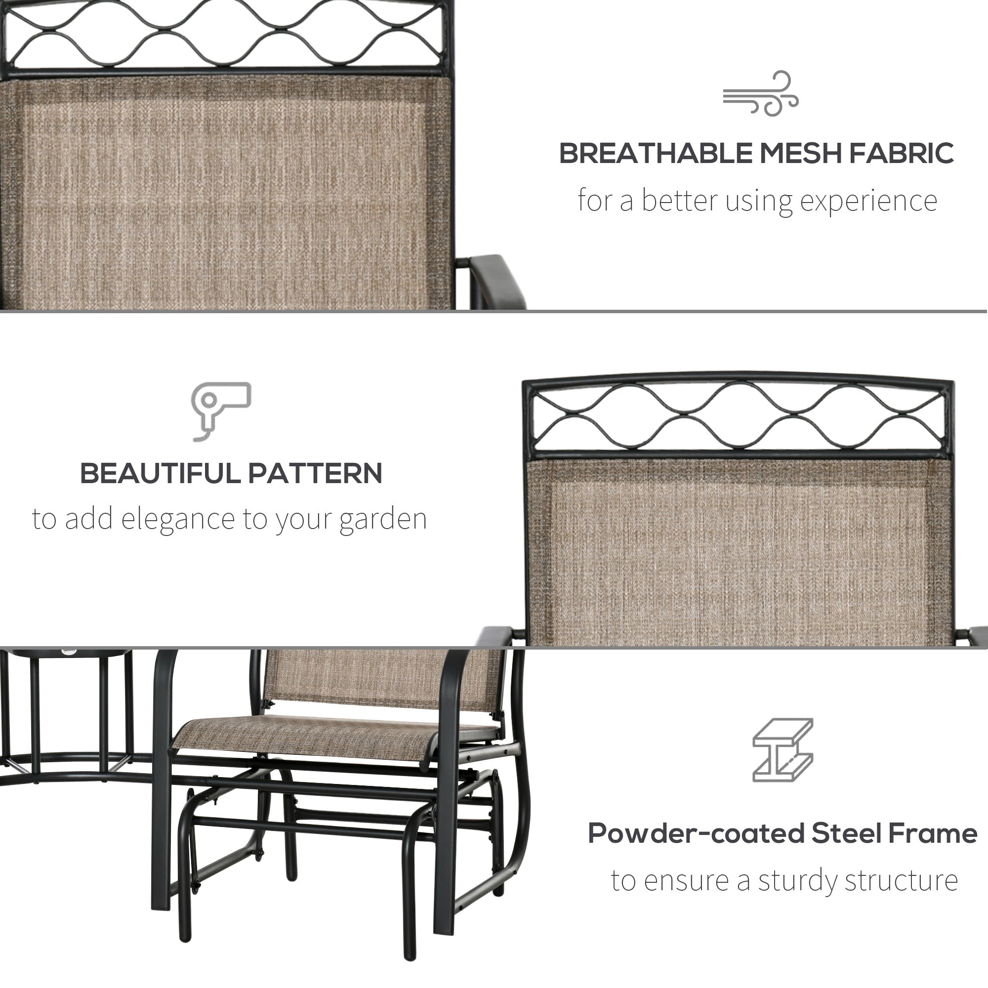 Outsunny Double Outdoor Glider Chair, 2 Seater Patio Rocking Chairs, Swing Bench with Tempered Glass Table, Breathable Mesh Fabric for Backyard, Garden, Porch, Brown - North Peak Garden Furniture