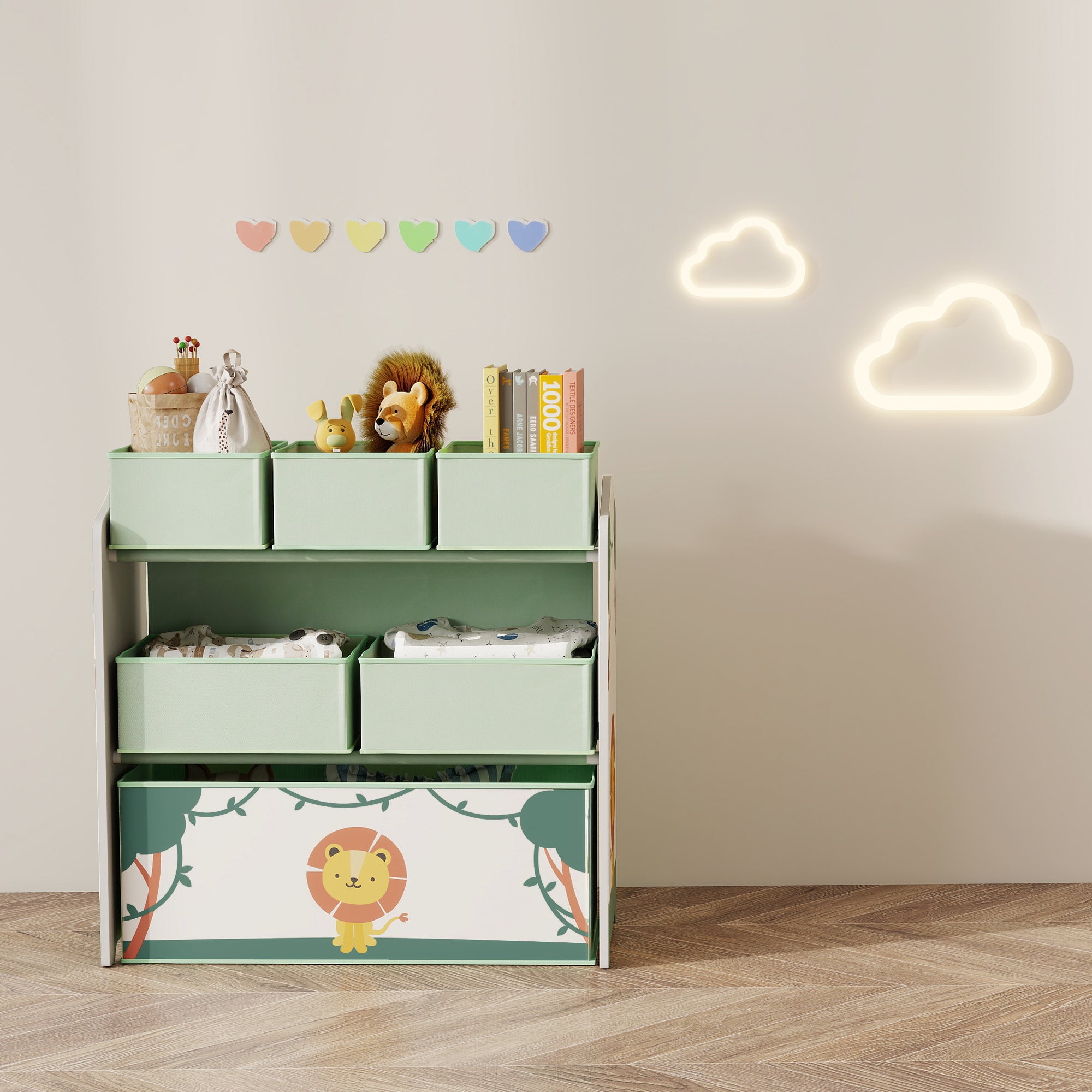 AIYAPLAY Kids Toy Storage Units, 3-Tier Toy Organiser Shelf with 6 Removable Boxes for Kids, Bedroom, Playroom, Green