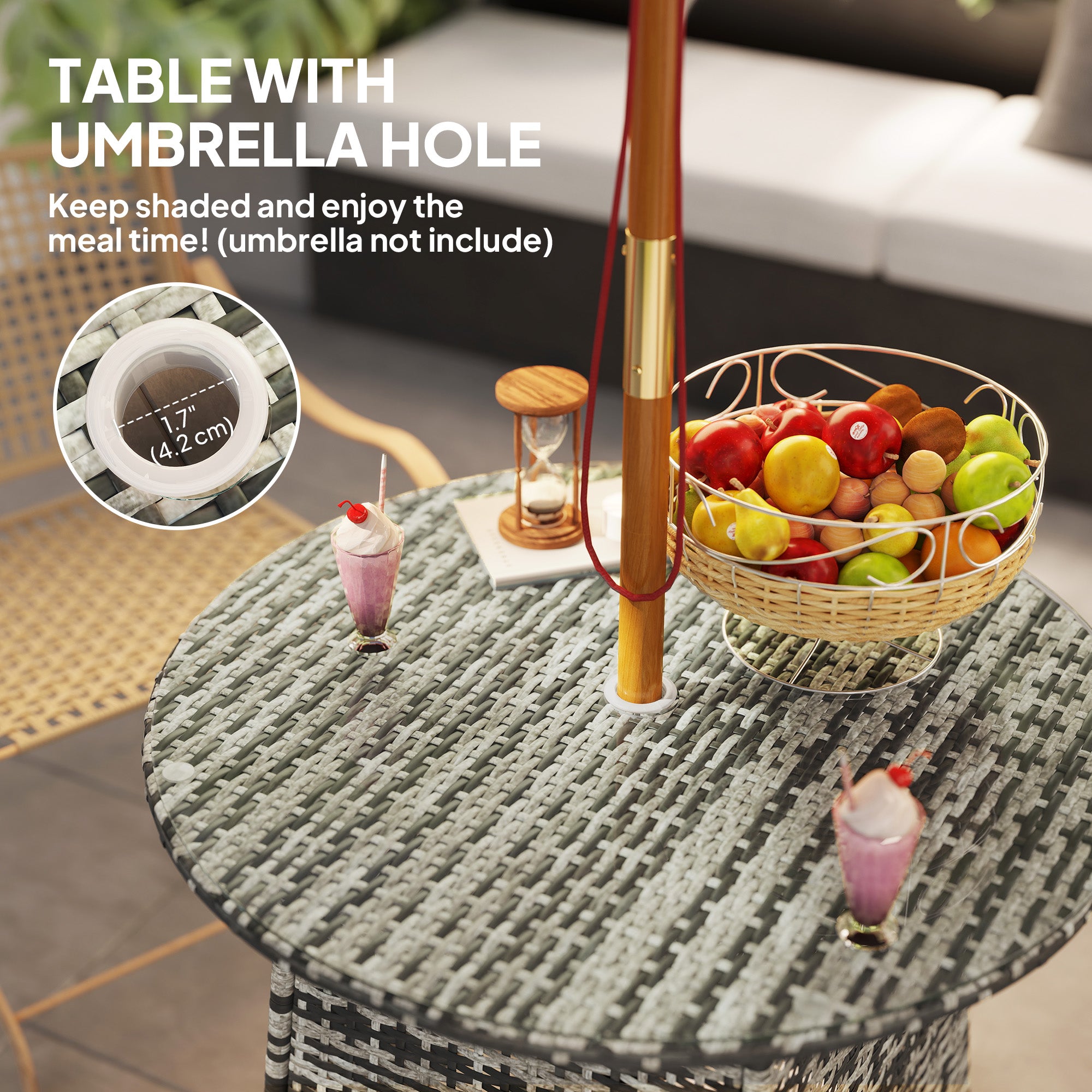Outsunny Wicker Garden Rattan Table, Patio Furniture Outdoor Coffee Table with Umbrella Hole and Tempered Glass Top, Grey - North Peak Garden Furniture