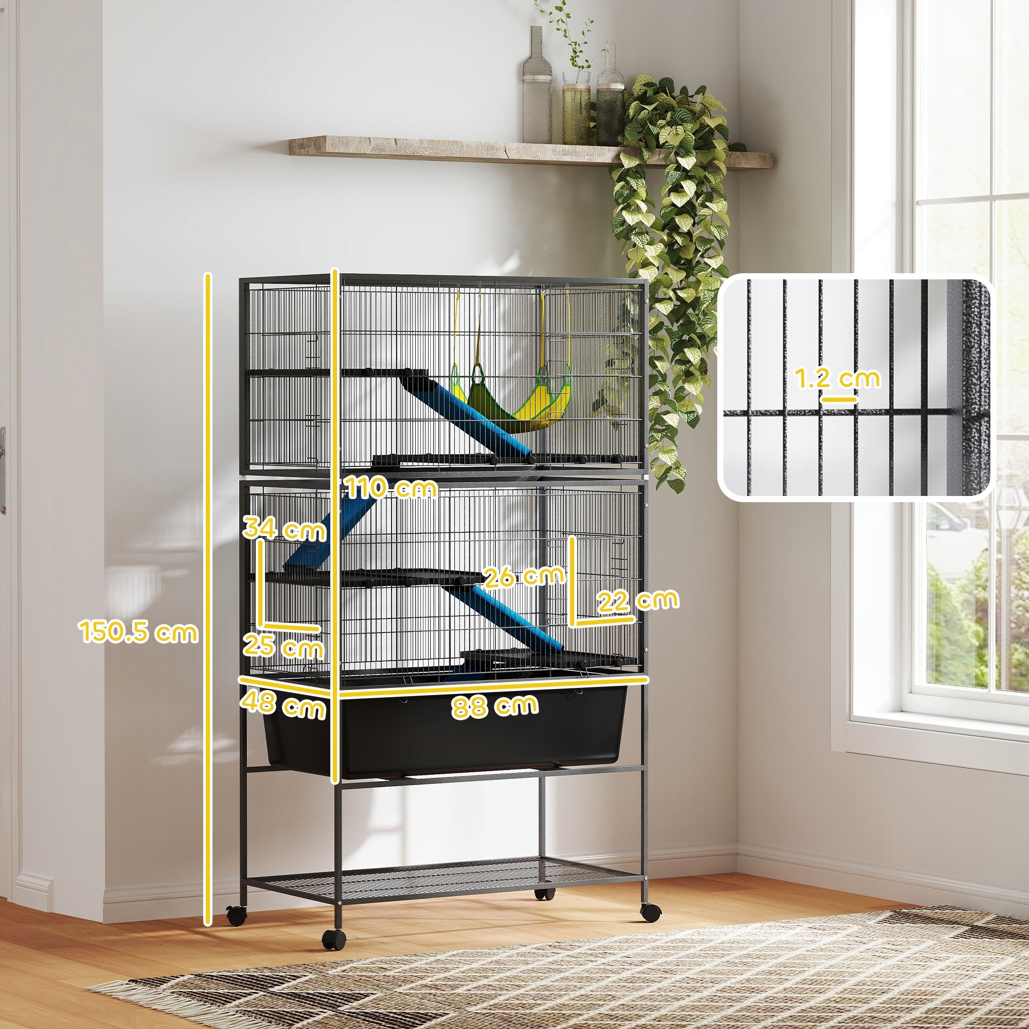 PawHut 5 Levels Rolling Small Animal Cage with Non Slip Ramps, Slide Out 16cm Deep Tray, 88 x 48 x 150.5cm, Dark Grey - North Peak Garden Furniture
