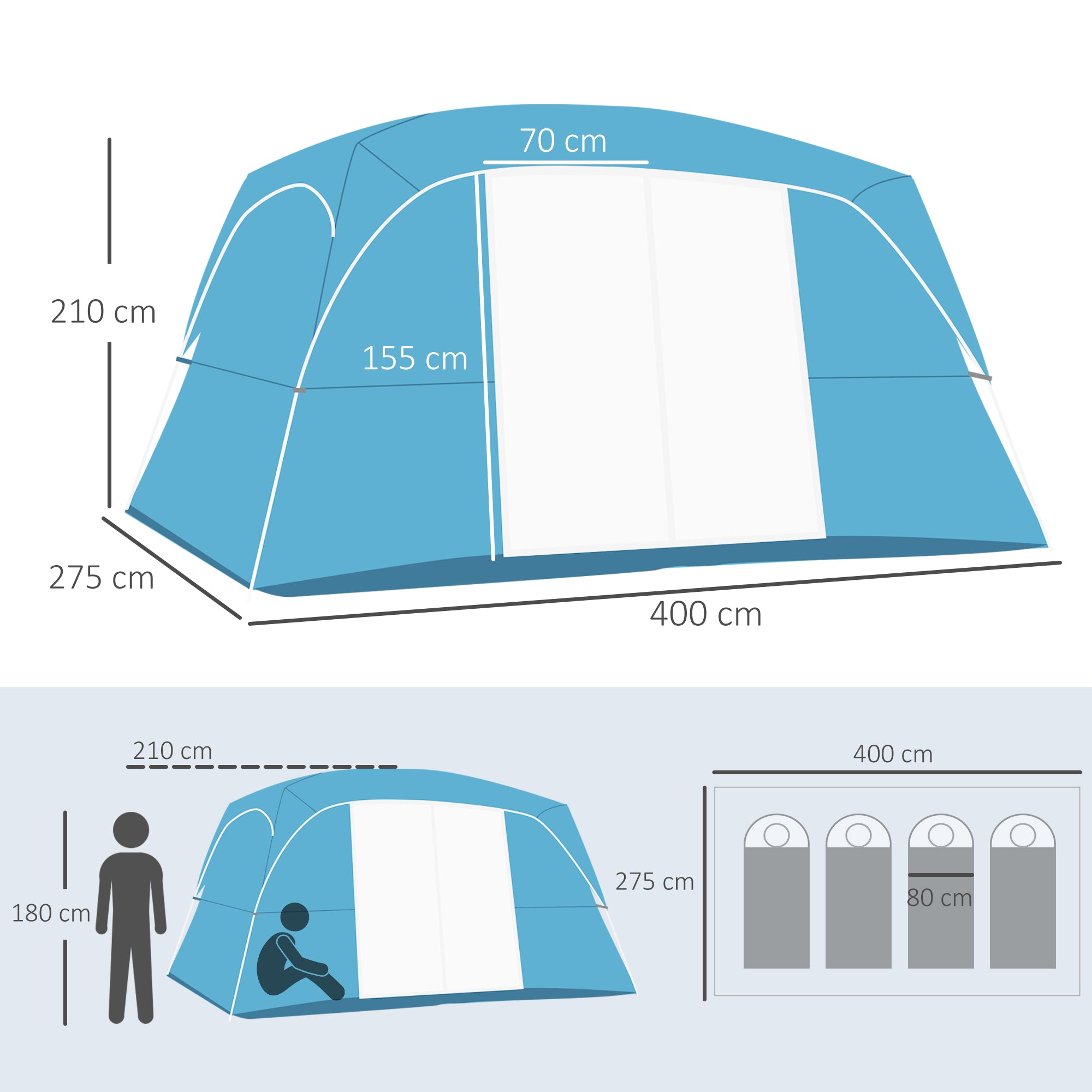 Outsunny 4-8 Person Camping Tent Family Tent with 2 Room, Mesh Windows, Easy Set Up for Backpacking, Hiking, Outdoor, Blue - North Peak Garden Furniture
