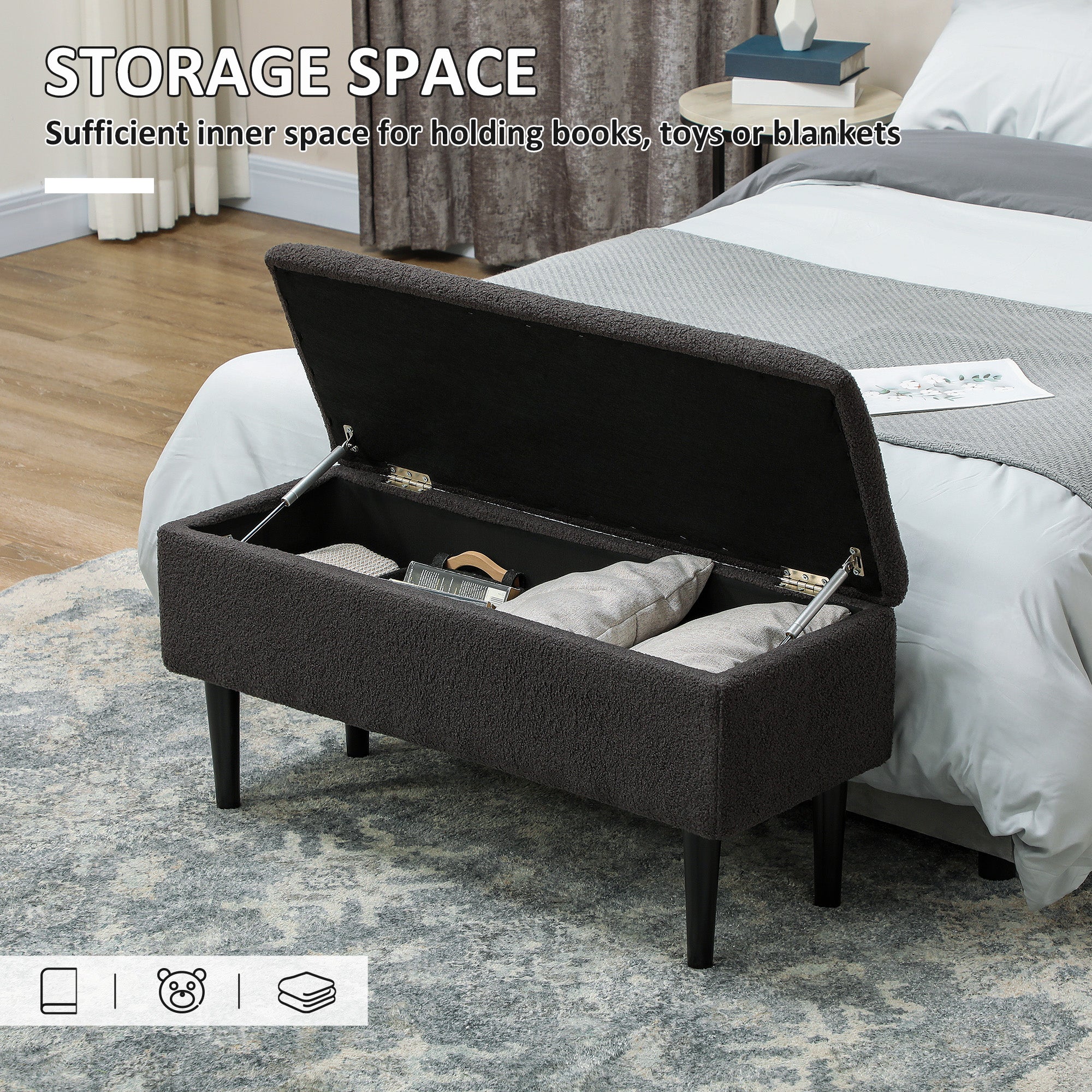HOMCOM 47L Teddy Fleece Storage Ottoman - Dark Grey - North Peak Garden Furniture