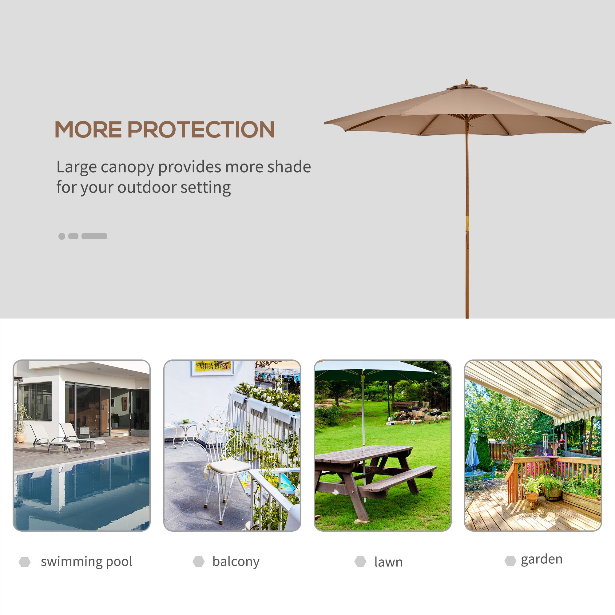 Outsunny 3(m) Garden Umbrella Wooden Parasol 8 Ribs Bamboo Sun Shade Patio Outdoor Umbrella Canopy Khaki - North Peak Garden Furniture