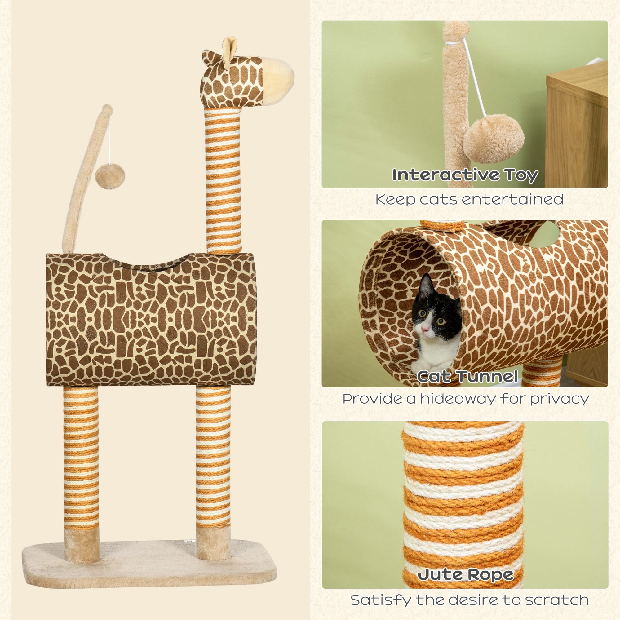 PawHut Giraffe-Designed Cat Tree, with Scratching Posts, Cat Tunnel, Toy Ball - Beige - North Peak Garden Furniture