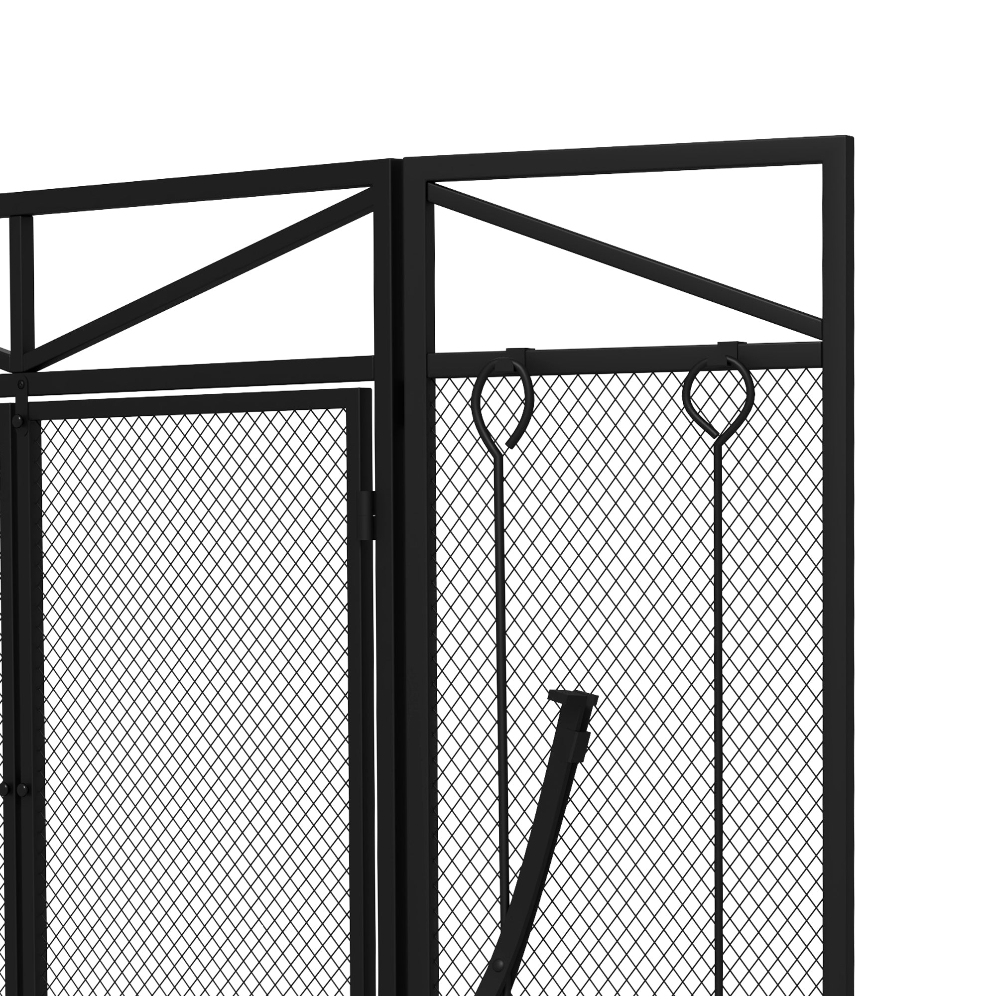 HOMCOM 3 Panel Folding Fire Guard Screen with Fireplace Tool Sets and Front Doors, Freestanding Fire Screen Spark Guard with Feet for Open Fire, Log Burner, Fireplace, 122 x77 cm, Black - North Peak Garden Furniture