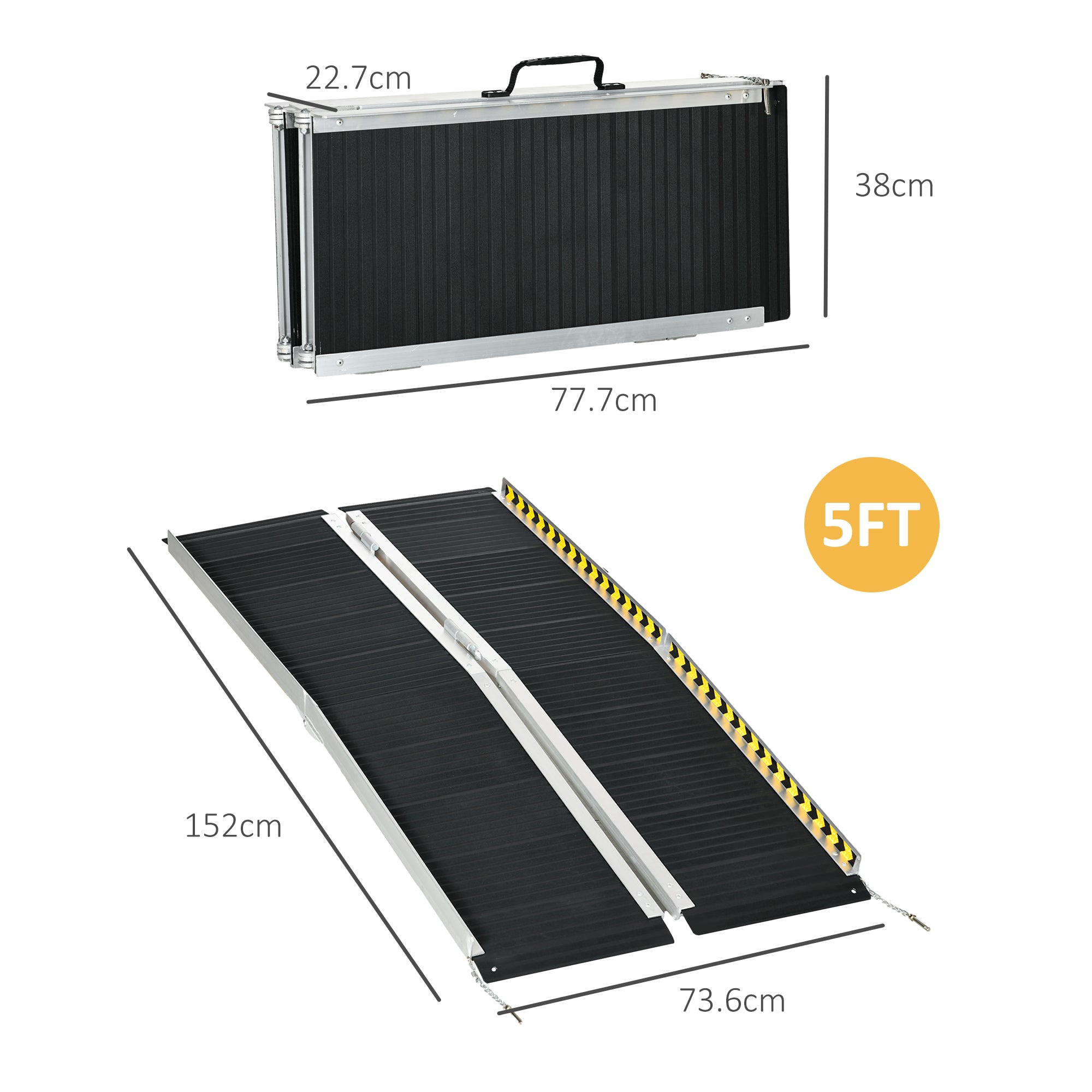 HOMCOM Wheelchair Ramp, 152L x 73Wcm, 272KG Capacity, Folding Aluminium Threshold Ramp with Non-Skid Surface, Transition Plates Above and Below for Home, Steps, Stairs, Curbs, Doorways - North Peak Garden Furniture