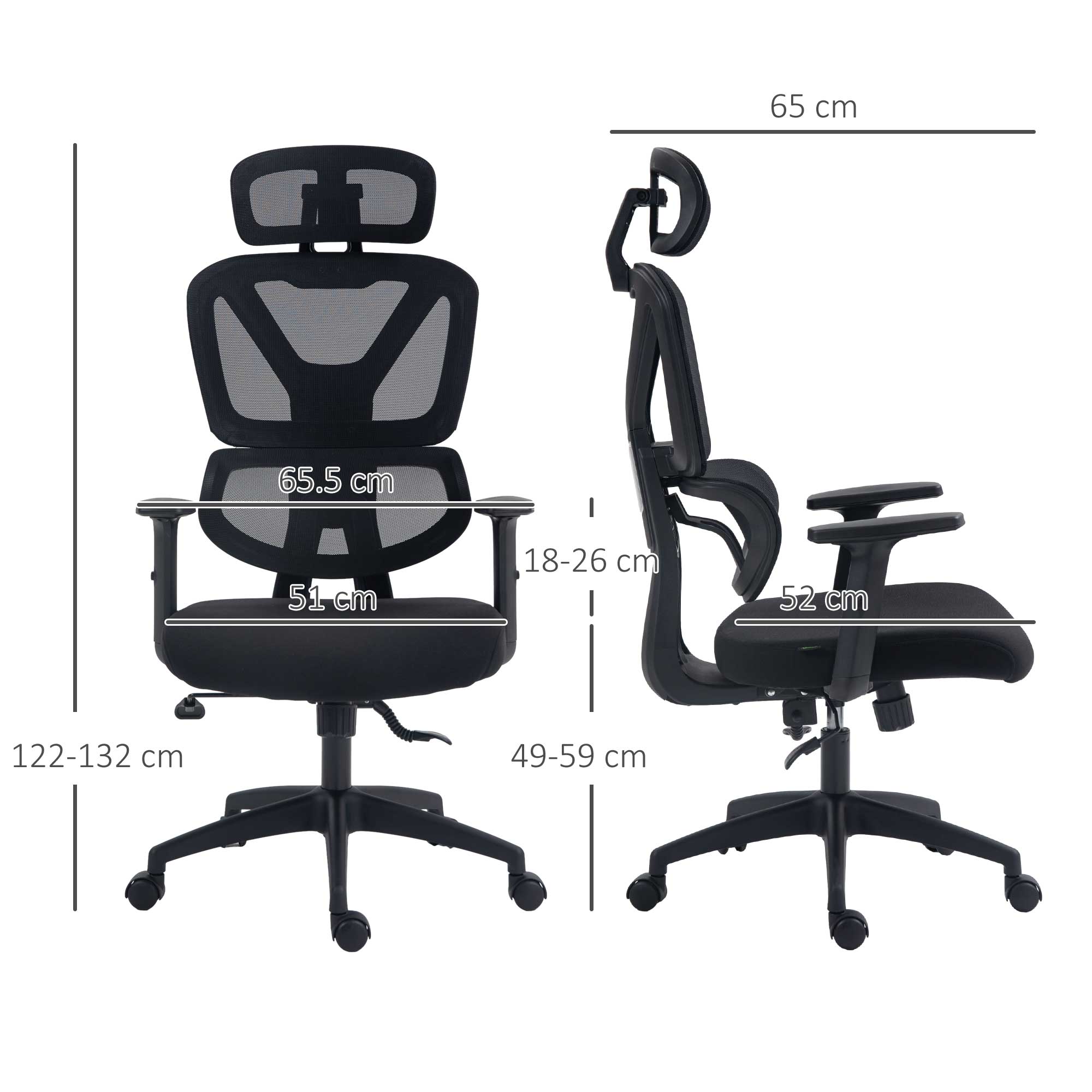 Vinsetto Mesh Office Chair, Height Adjustable Desk Chair with Lumbar Support, Swivel Wheels and Adjustable Headrest, Black - North Peak Garden Furniture