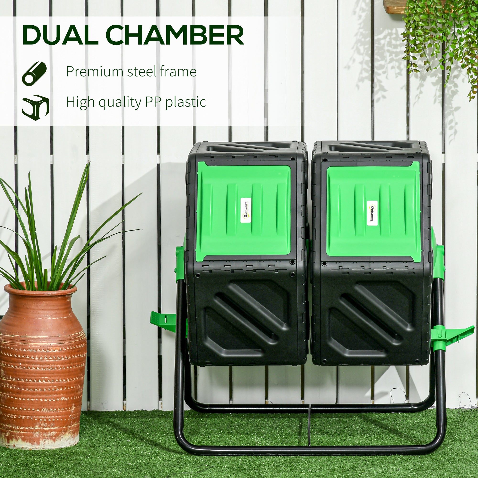 Outsunny Dual Chamber Garden Compost Bin, 130L Rotating Composter, Compost Maker with Ventilation Openings and Steel Legs - North Peak Garden Furniture