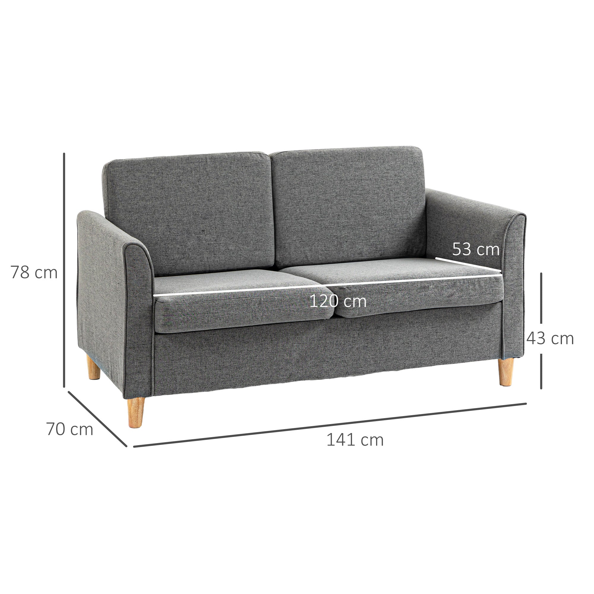 HOMCOM Compact Loveseat Sofa, Modern 2 Seater Sofa for Living Room with Wood Legs and Armrests, Grey - North Peak Garden Furniture