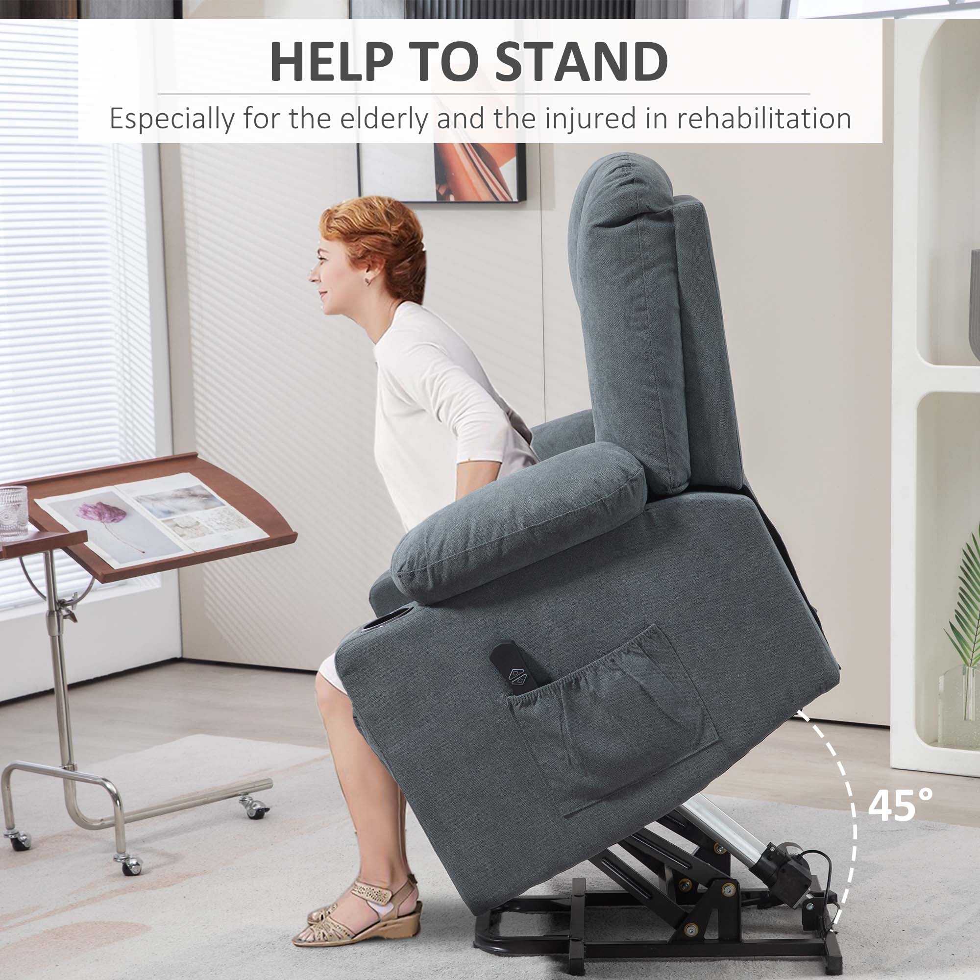 HOMCOM Oversized Riser and Recliner Chairs for the Elderly, Fabric Upholstered Lift Chair for Living Room with Remote Control, Side Pockets, Cup Holder, Grey - North Peak Garden Furniture