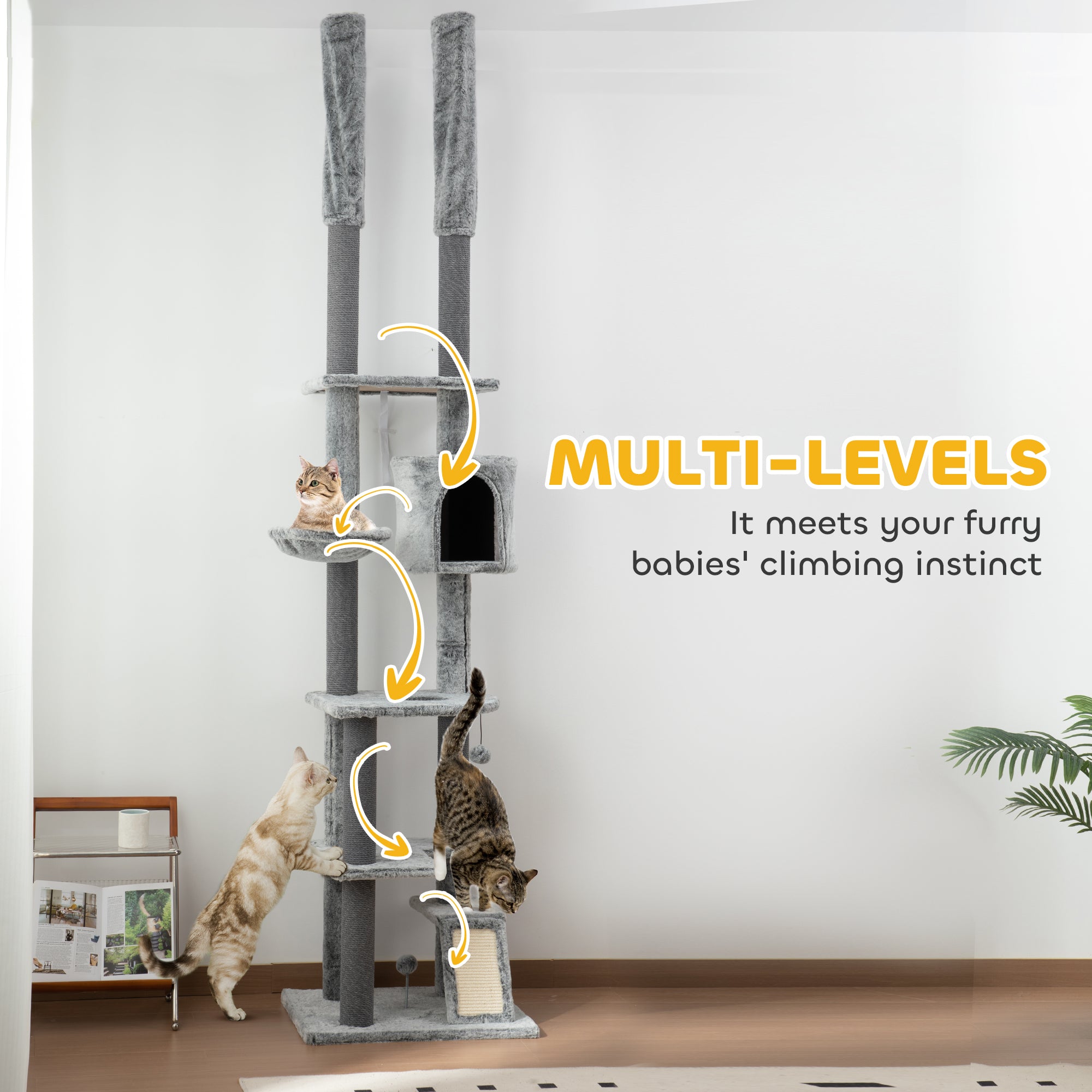 PawHut 225-255cm Height Floor-to-Ceiling Cat Tree Large Cat Tower w/ Cat Scratching Posts, Ramp, Condo - North Peak Garden Furniture