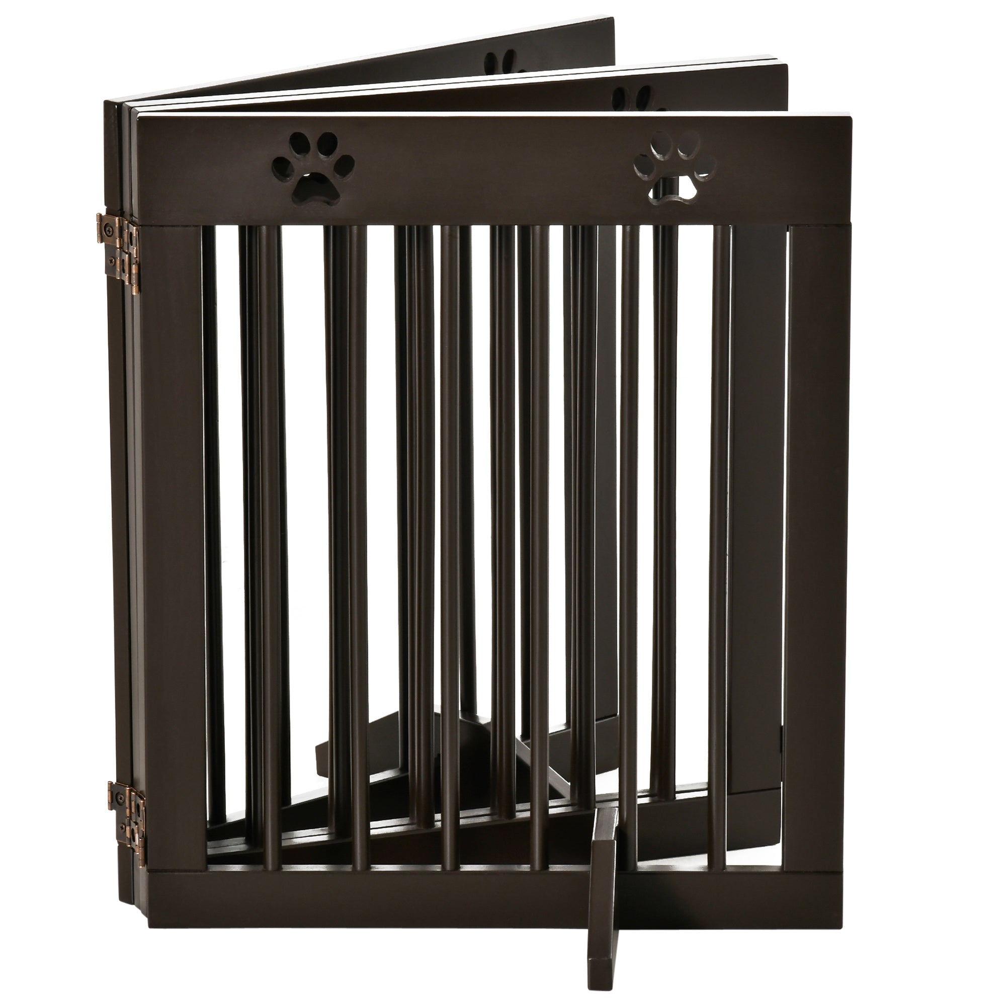 PawHut Freestanding Pet Gate 4 Panel Wooden Dog Barrier Folding Safety Fence with Support Feet up to 204cm Long 61cm Tall for Doorway Stairs Brown - North Peak Garden Furniture
