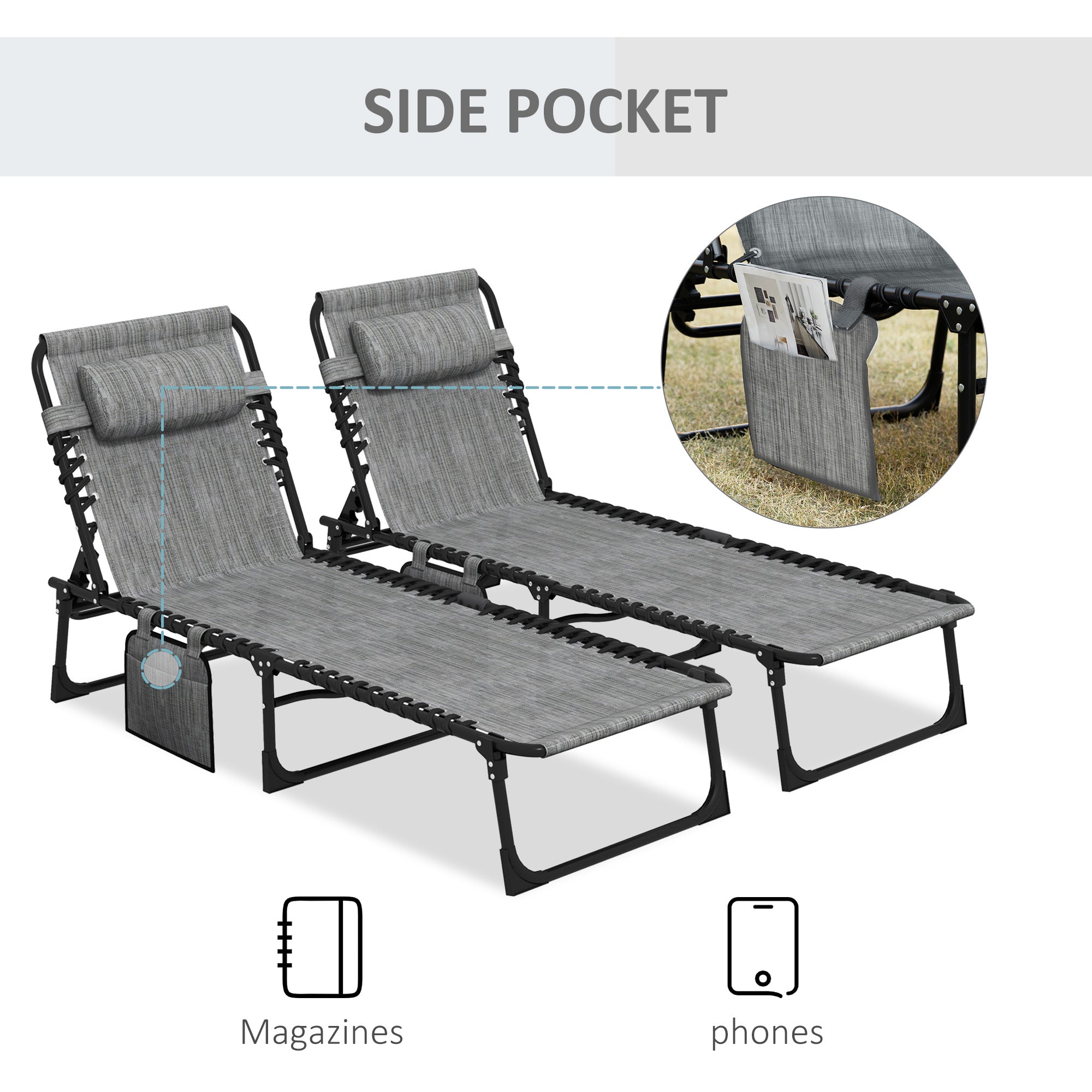 Outsunny Portable Sun Lounger Set of 2, Folding Camping Bed Cot, Reclining Lounge Chair 5-position Adjustable Backrest with Side Pocket, Pillow for Patio Garden Beach Pool, Mixed Grey - North Peak Garden Furniture