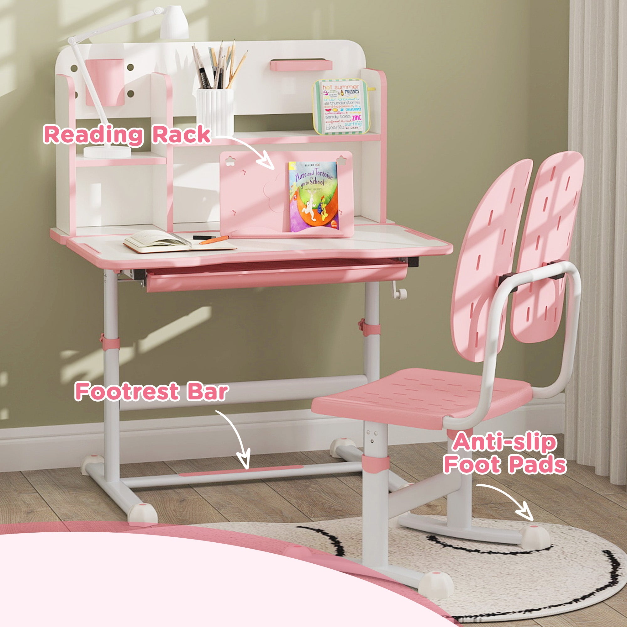 AIYAPLAY Height Adjustable Kids Desk and Chair Set, Children School Study Desk with Tiltable Desktop, Reading Rack, Pink - North Peak Garden Furniture