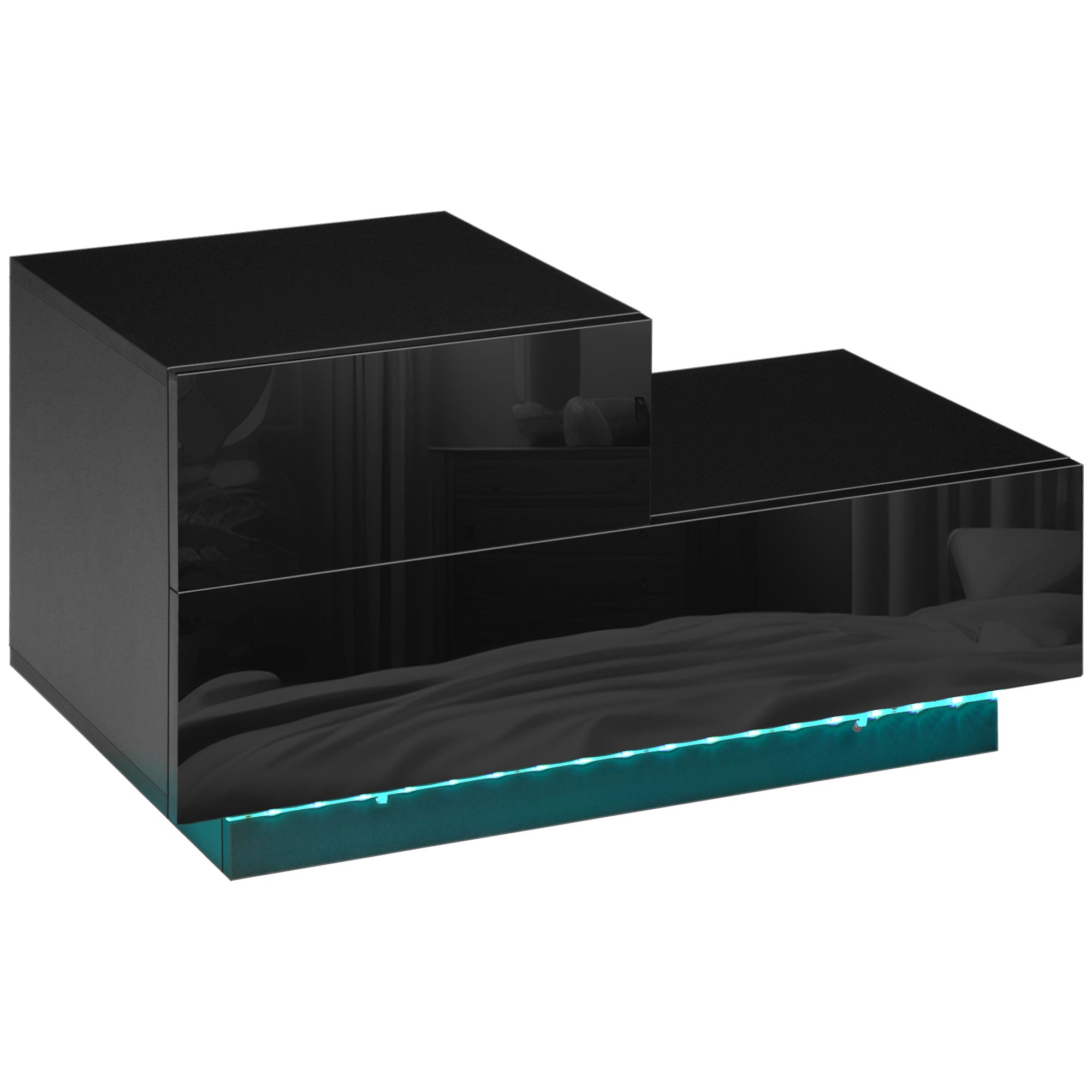 HOMCOM High Gloss Front Bedside Table with Drawers Nightstand with RGB LED Light and Remote for Bedroom Living Room Black - North Peak Garden Furniture