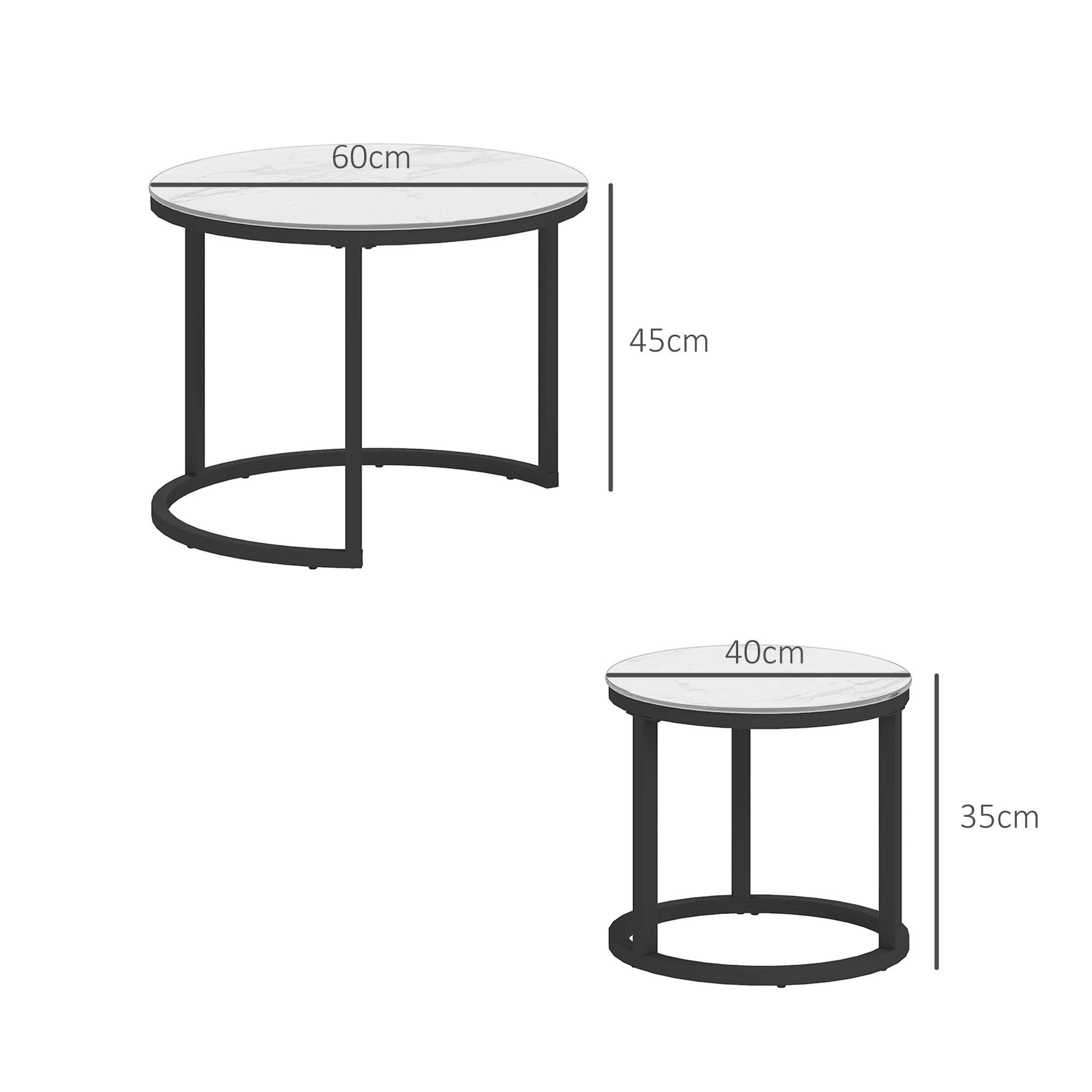HOMCOM Glass Coffee Table Set of 2, Round Nest of Tables with Marble-Effect Tempered Glass Tabletop and Steel Frame, Modern Side Tables for Living Room, White - North Peak Garden Furniture