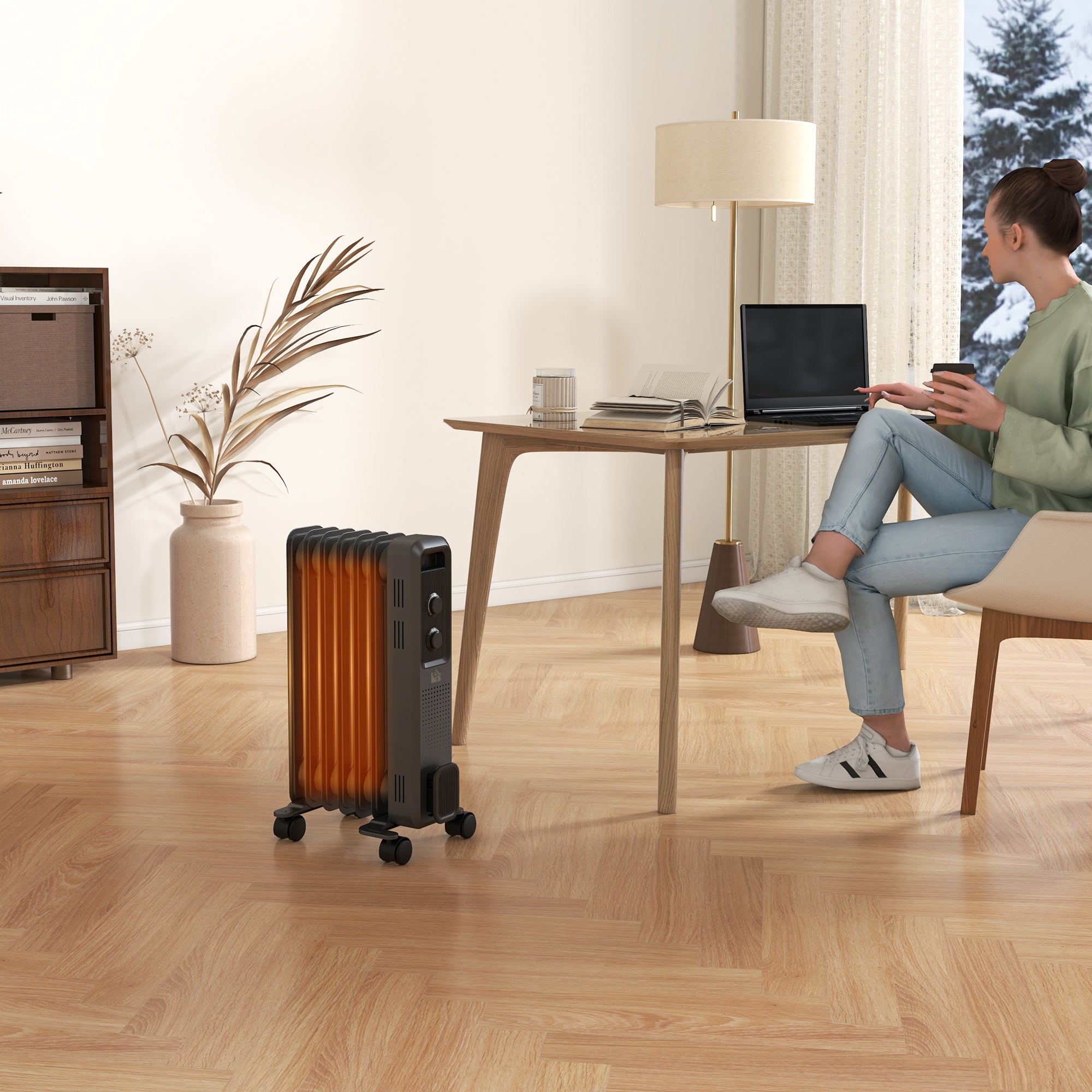 HOMCOM 1500W Oil Filled Radiator, 7 Fin, Portable Electric Heater with 3 Heat Settings, Safety Cut-Off and Wheels, Grey - North Peak Garden Furniture
