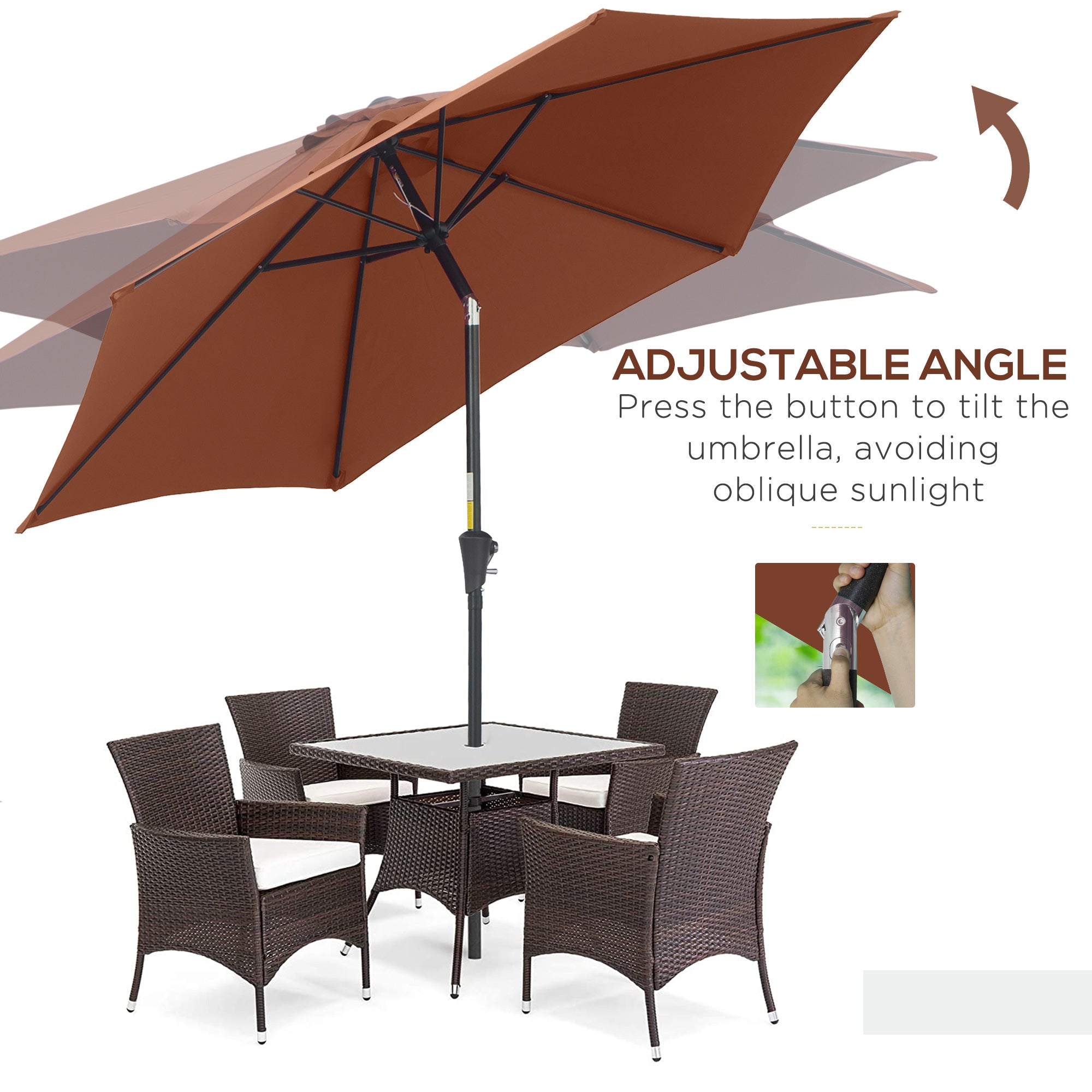 Outsunny 2.6M Garden Parasol Umbrella with Tilt and Crank, Outdoor Sun Parasol Sunshade Shelter with Aluminium Frame, Coffee - North Peak Garden Furniture
