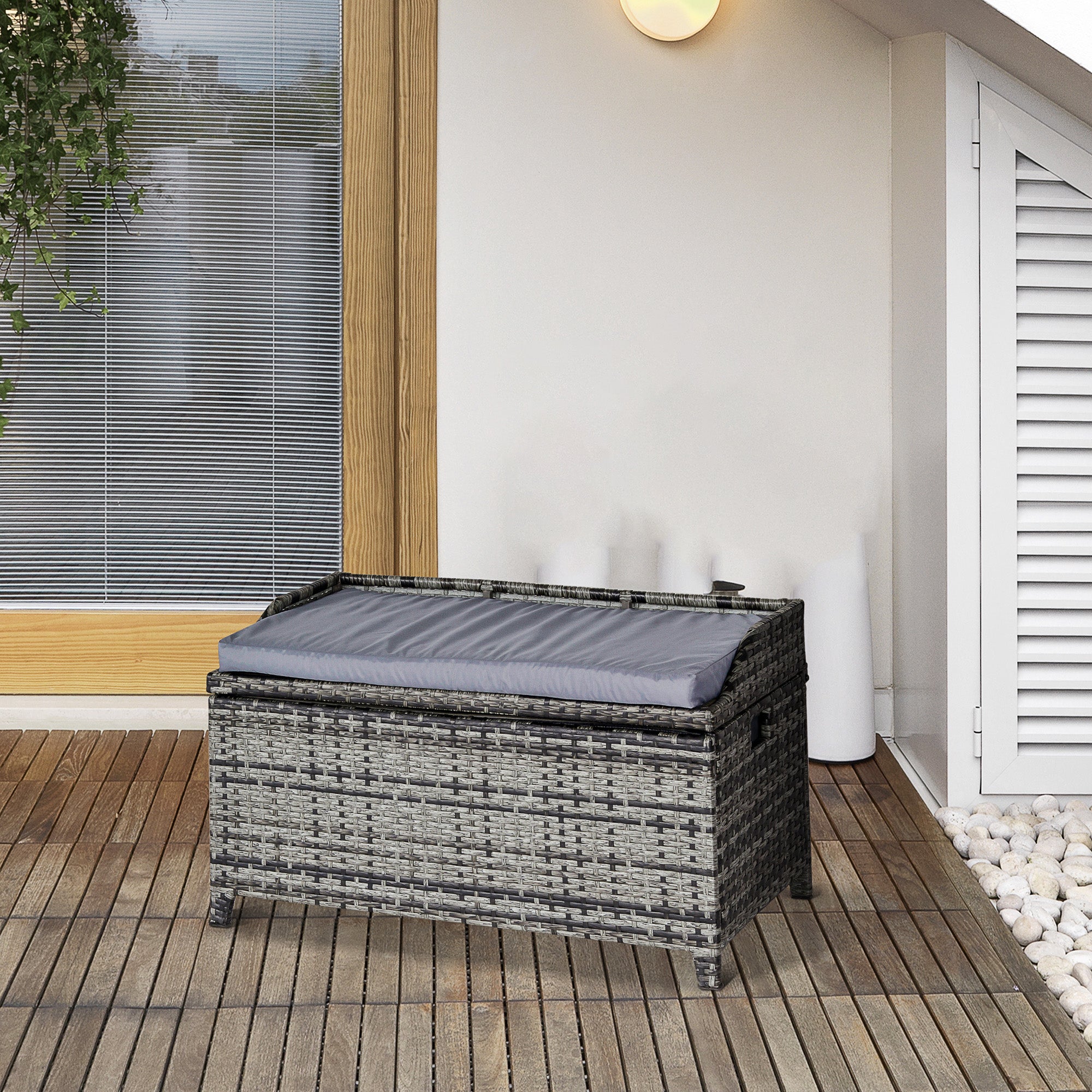 Outsunny 130L Rattan Garden Storage Box, with Seat - Mixed Grey - North Peak Garden Furniture