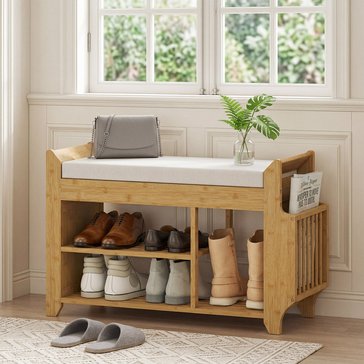 HOMCOM Shoe Bench 2-Tier Boot Section Entryway Storage Bench Cushioned Seat 80 x 30 x 50 cm Natural and Cream