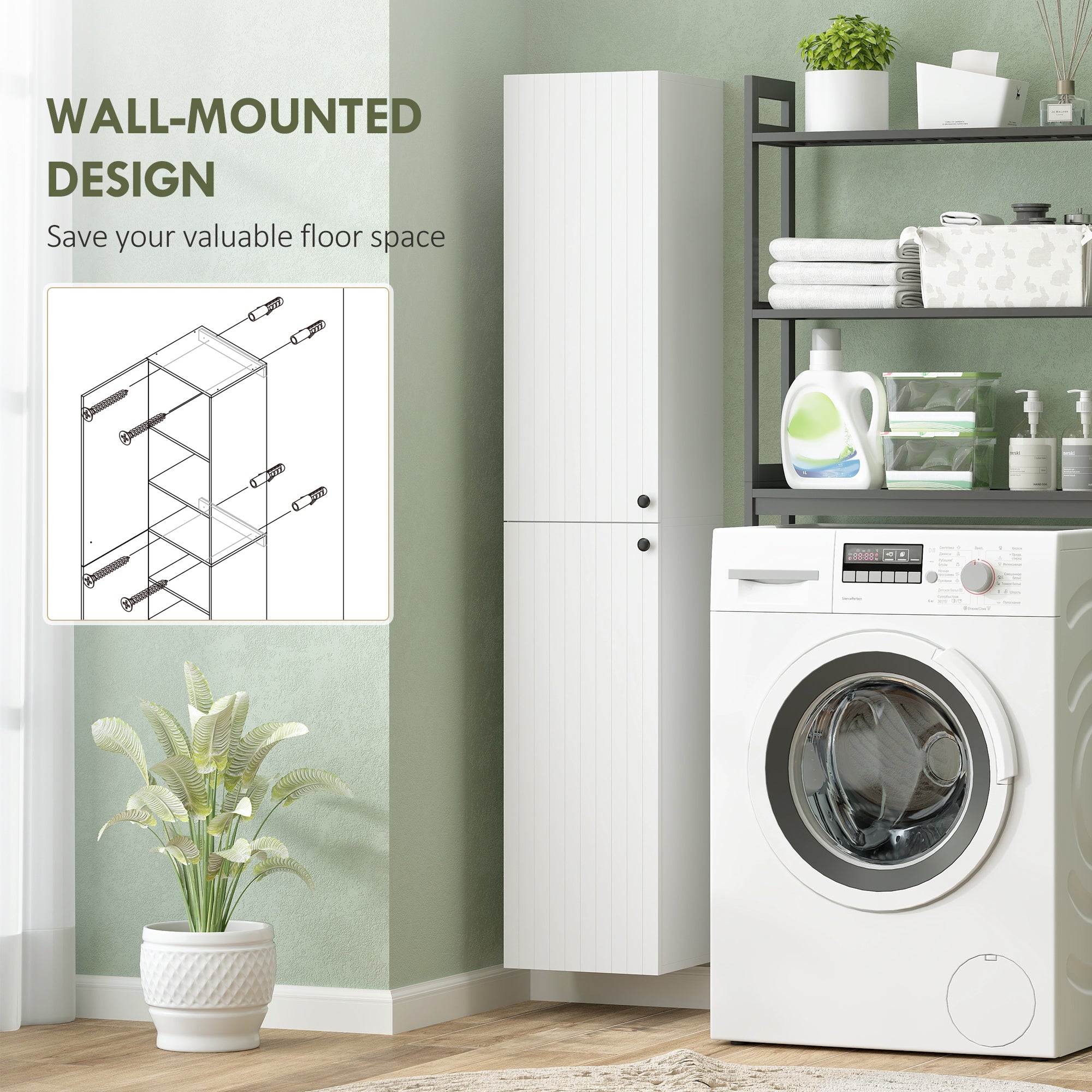 HOMCOM Wall Mounted Tall Bathroom Storage Cabinet with Soft-Close Hinges, Slim Bathroom Cabinet with 2 Doors, White