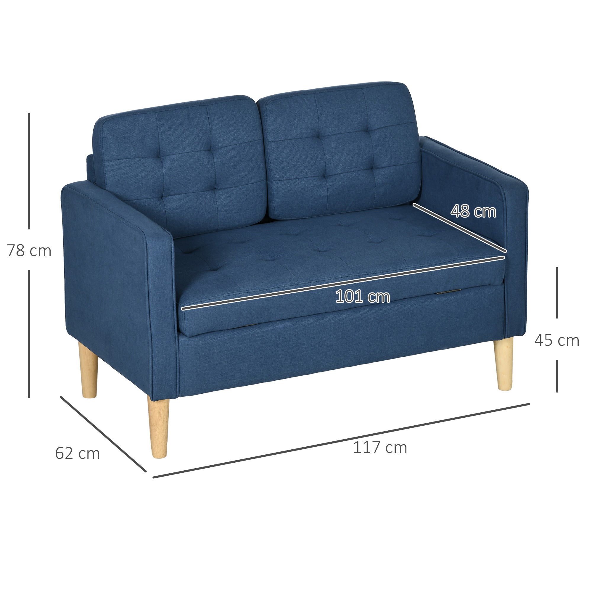 HOMCOM Modern Loveseat Sofa, Compact 2 Seater Sofa with Hidden Storage, 117cm Tufted Cotton Couch with Wood Legs, Blue - North Peak Garden Furniture