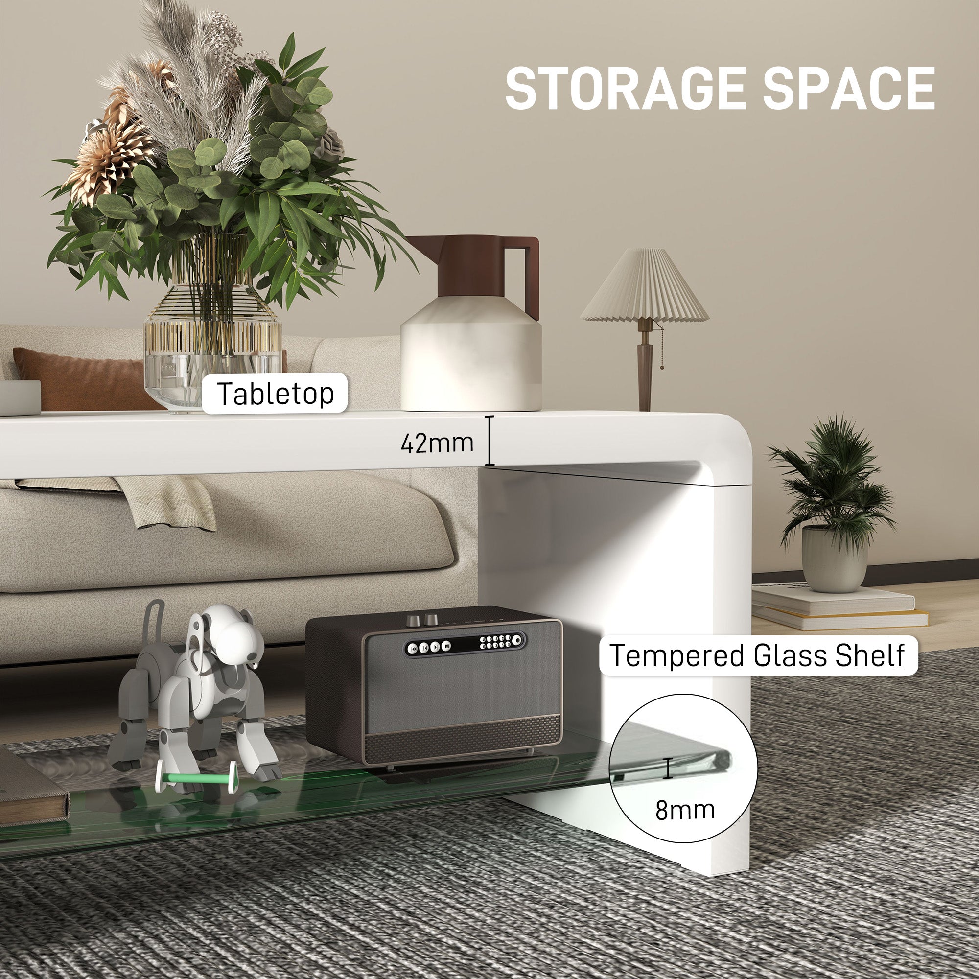 HOMCOM Curved Two-Tier Coffee Table - High Gloss White - North Peak Garden Furniture