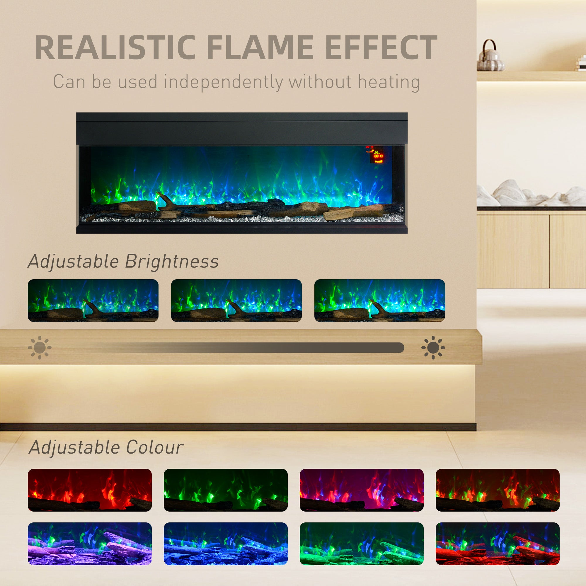 HOMCOM 1800W 15-40℃ Adjustable Flame Glass Panel Convector Heater, 152cm - North Peak Garden Furniture
