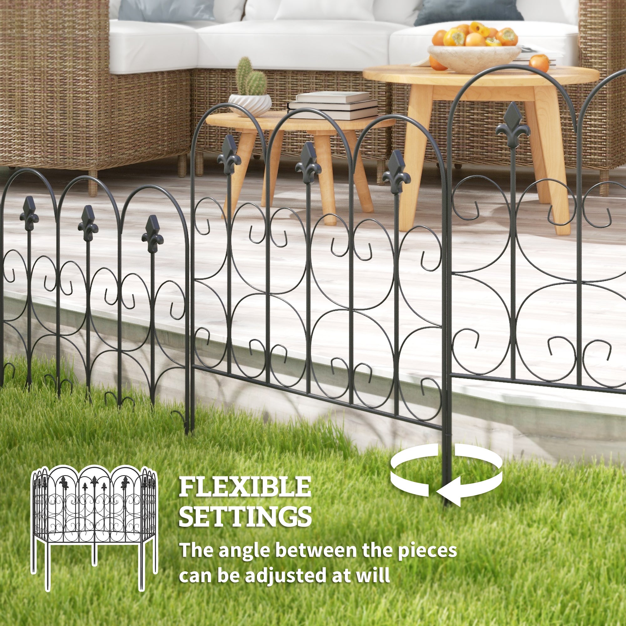 Outsunny Decorative Garden Fencing, 5PCs Outdoor Picket Fence Panels, Rustproof Metal Wire Landscape Flower Bed Border Edging Animal Barrier, Black - North Peak Garden Furniture